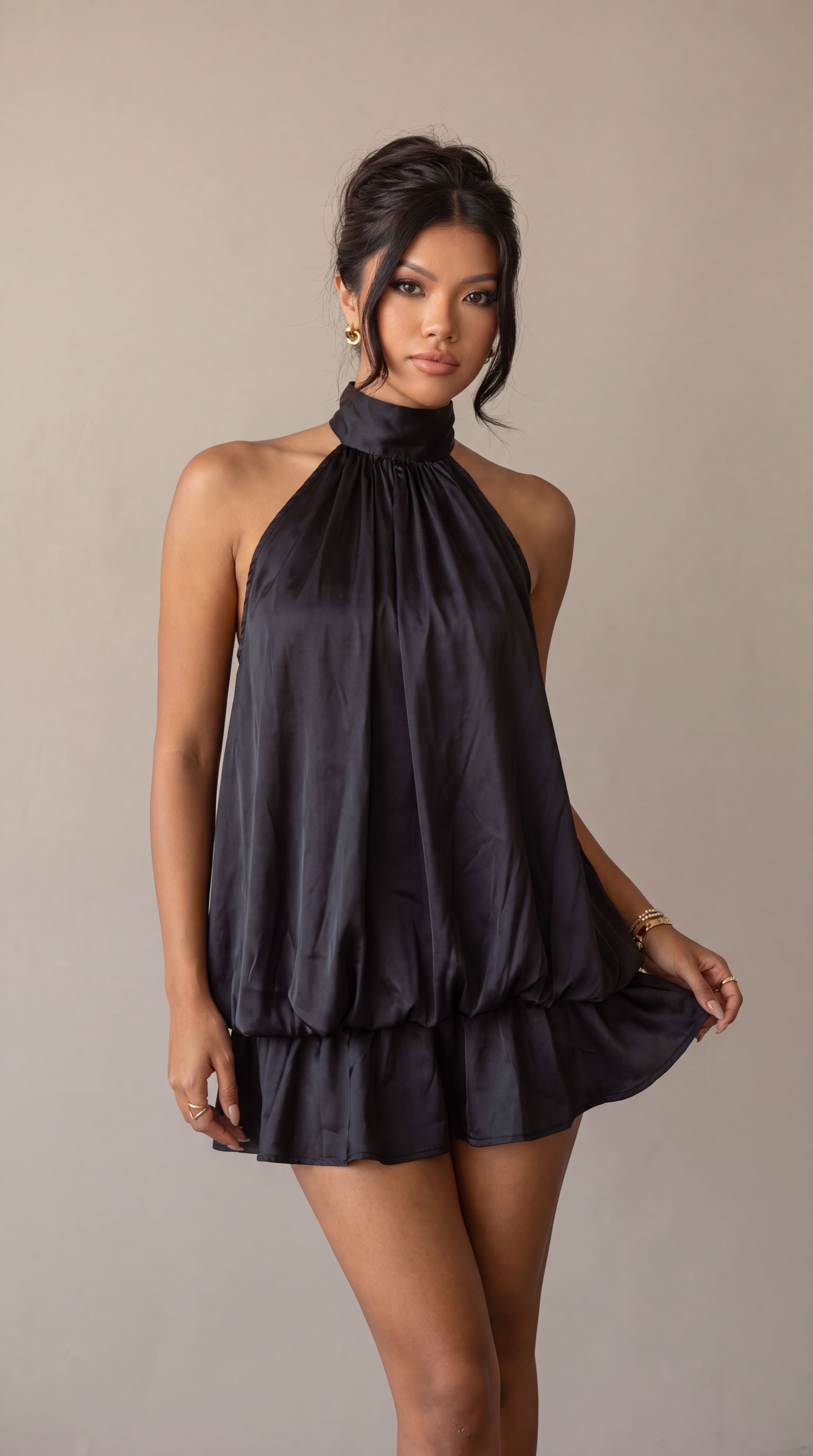 Satin Halter Bubble Mini Dress