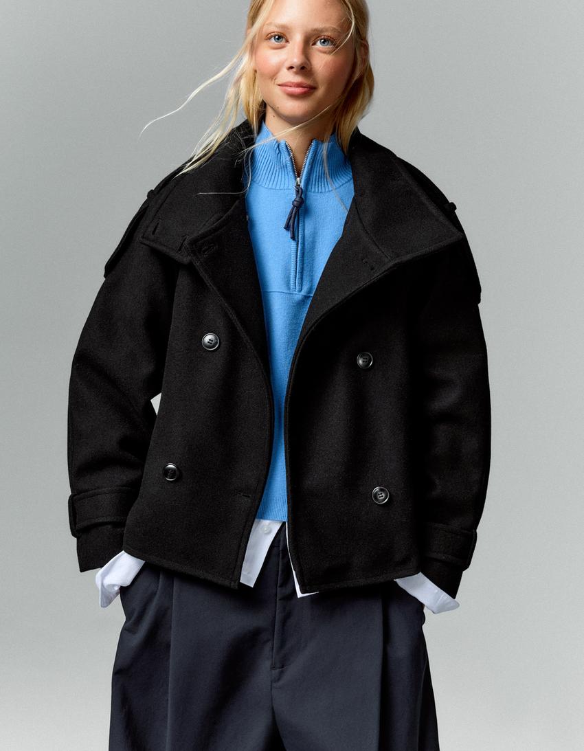 Cropped Wool Trench Jacket