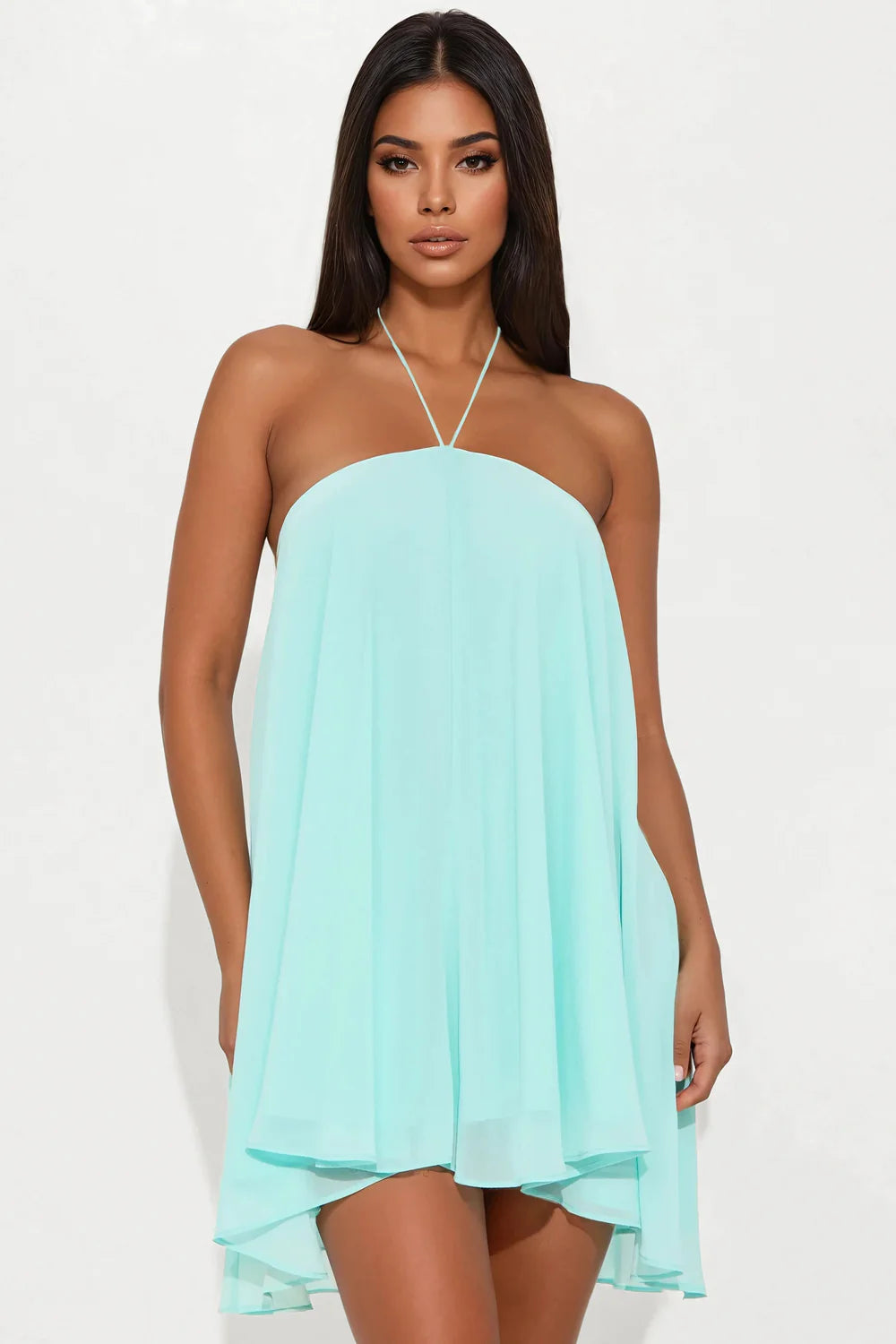 Aqua Chiffon Halter Mini Dress