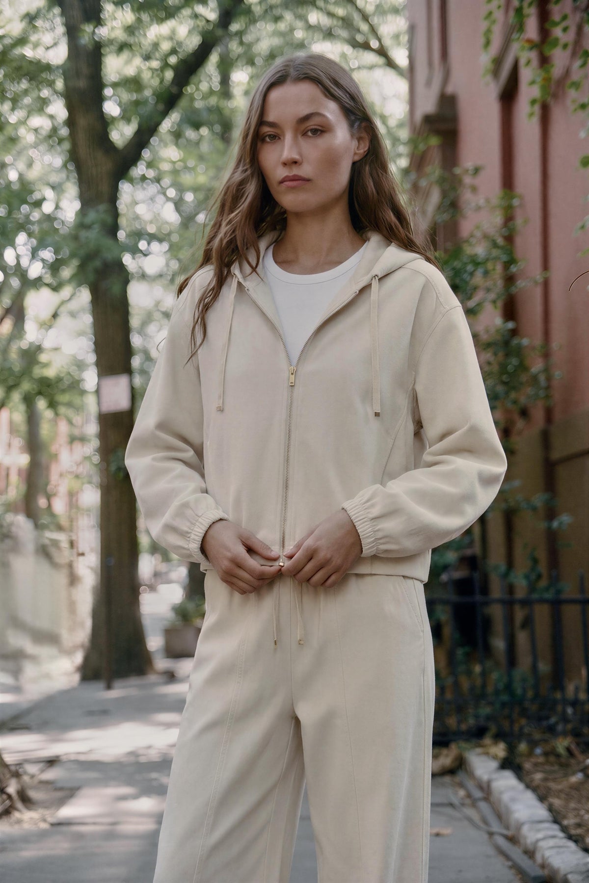 Cream Zip Hoodie & Wide-Leg Pants Set
