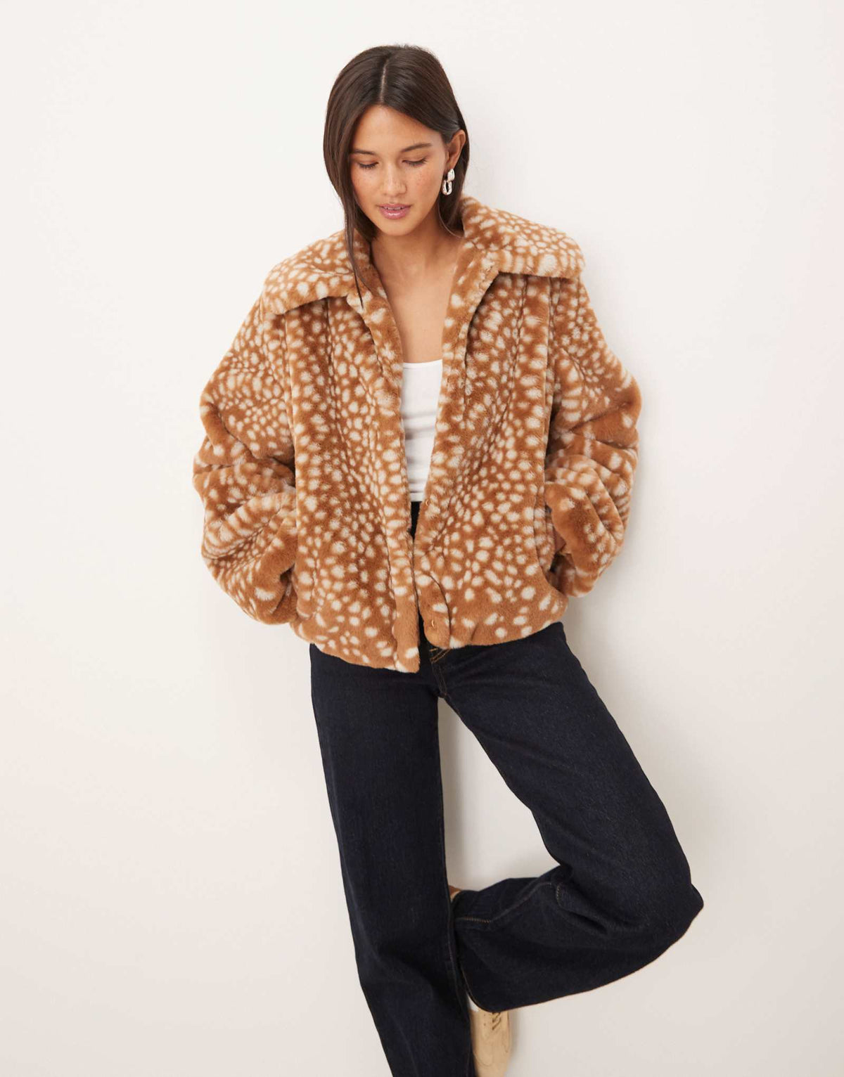 Willow Fawn Print Faux Fur Collar Jacket - Tan