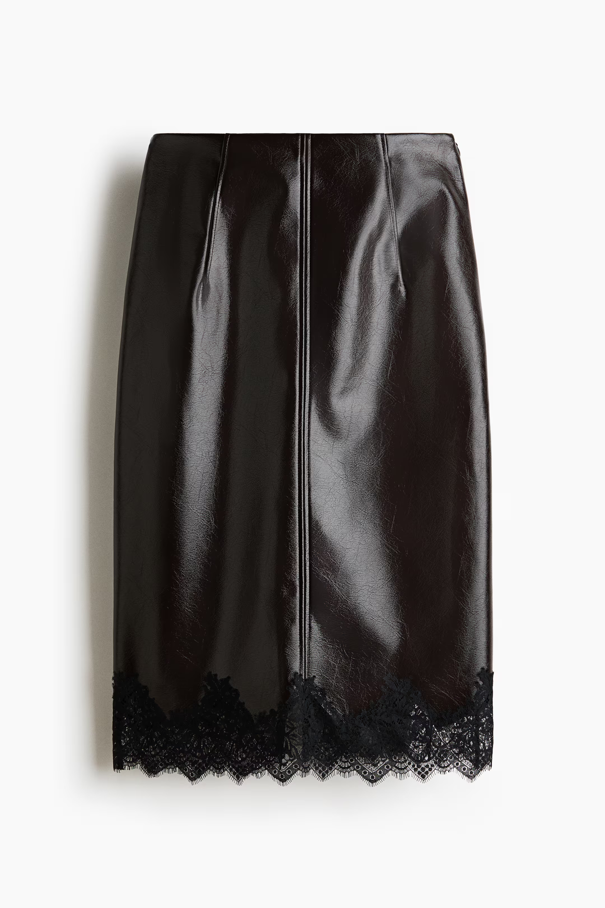 Lace Trim Faux Leather Midi Skirt