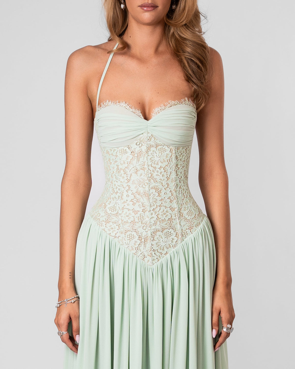 Green Lace Corset Maxi Dress
