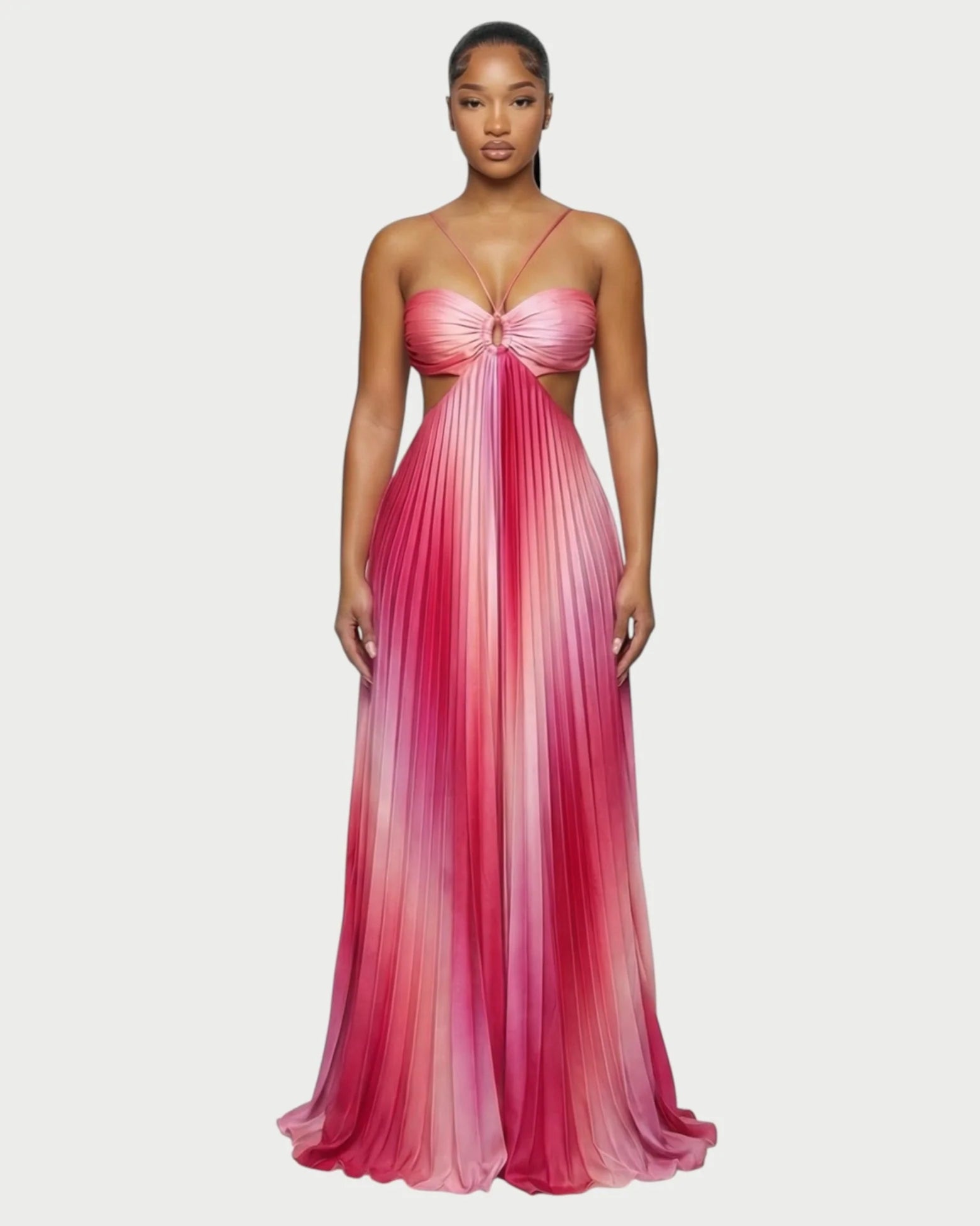 Ombre Pleated Cutout Maxi Dress