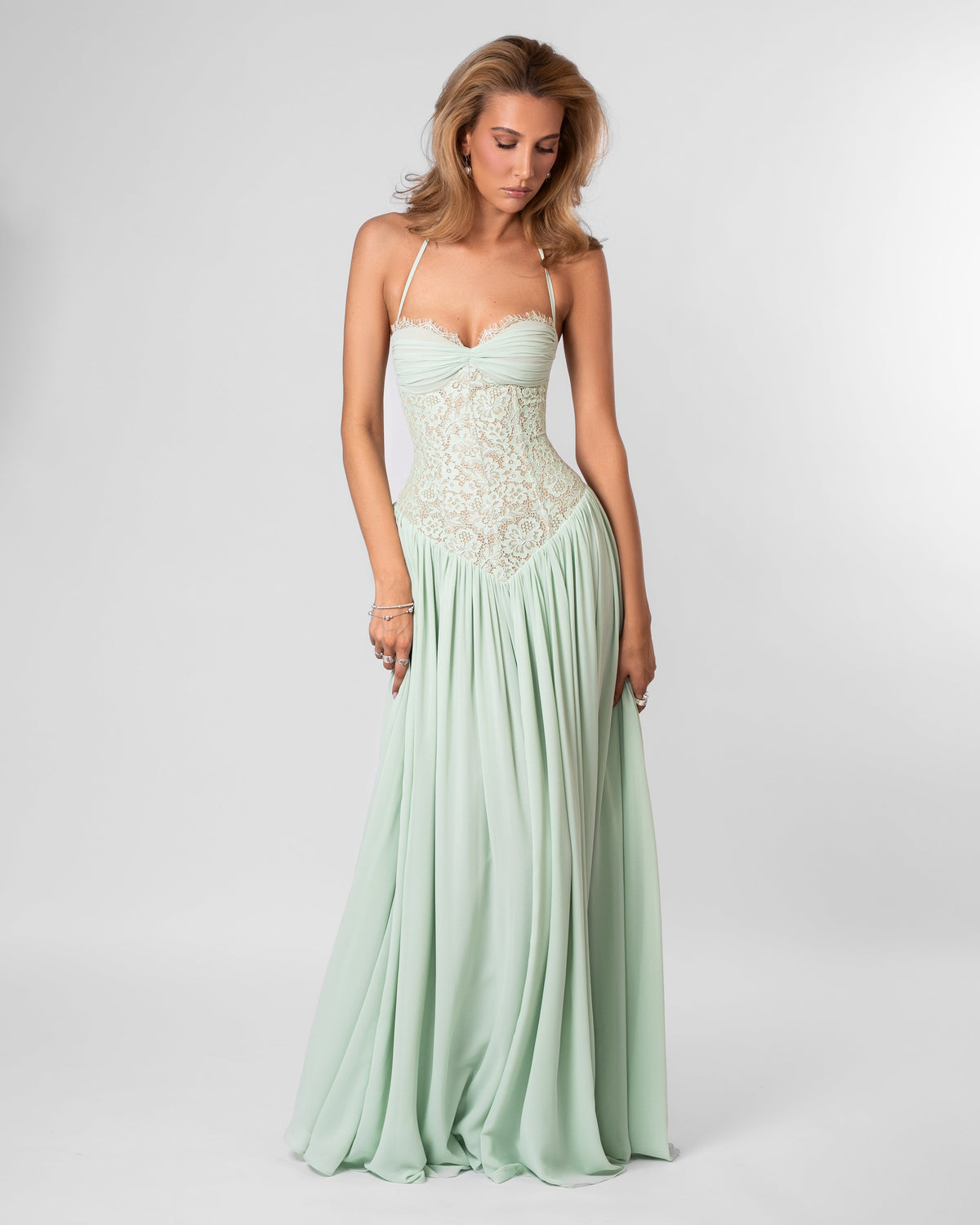 Green Lace Corset Maxi Dress