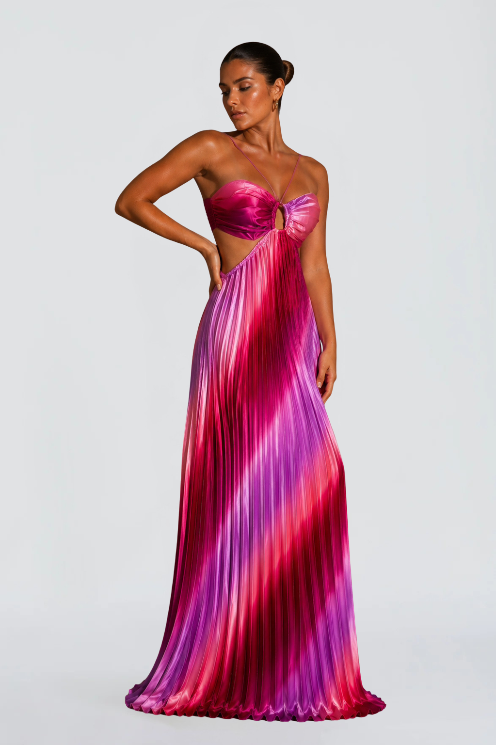 Ombre Pleated Cutout Maxi Dress