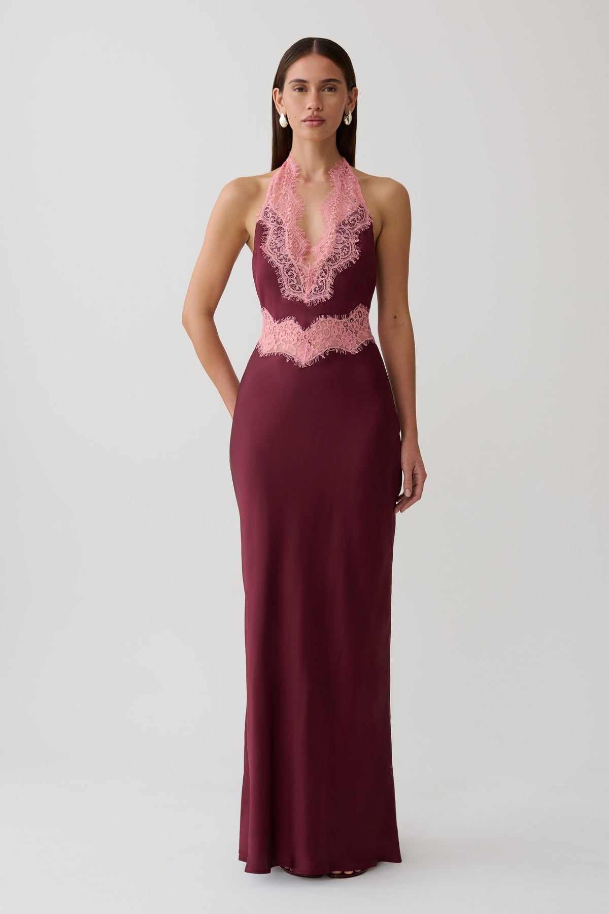 Adele Satin Lace Halter Maxi Dress - Burgundy