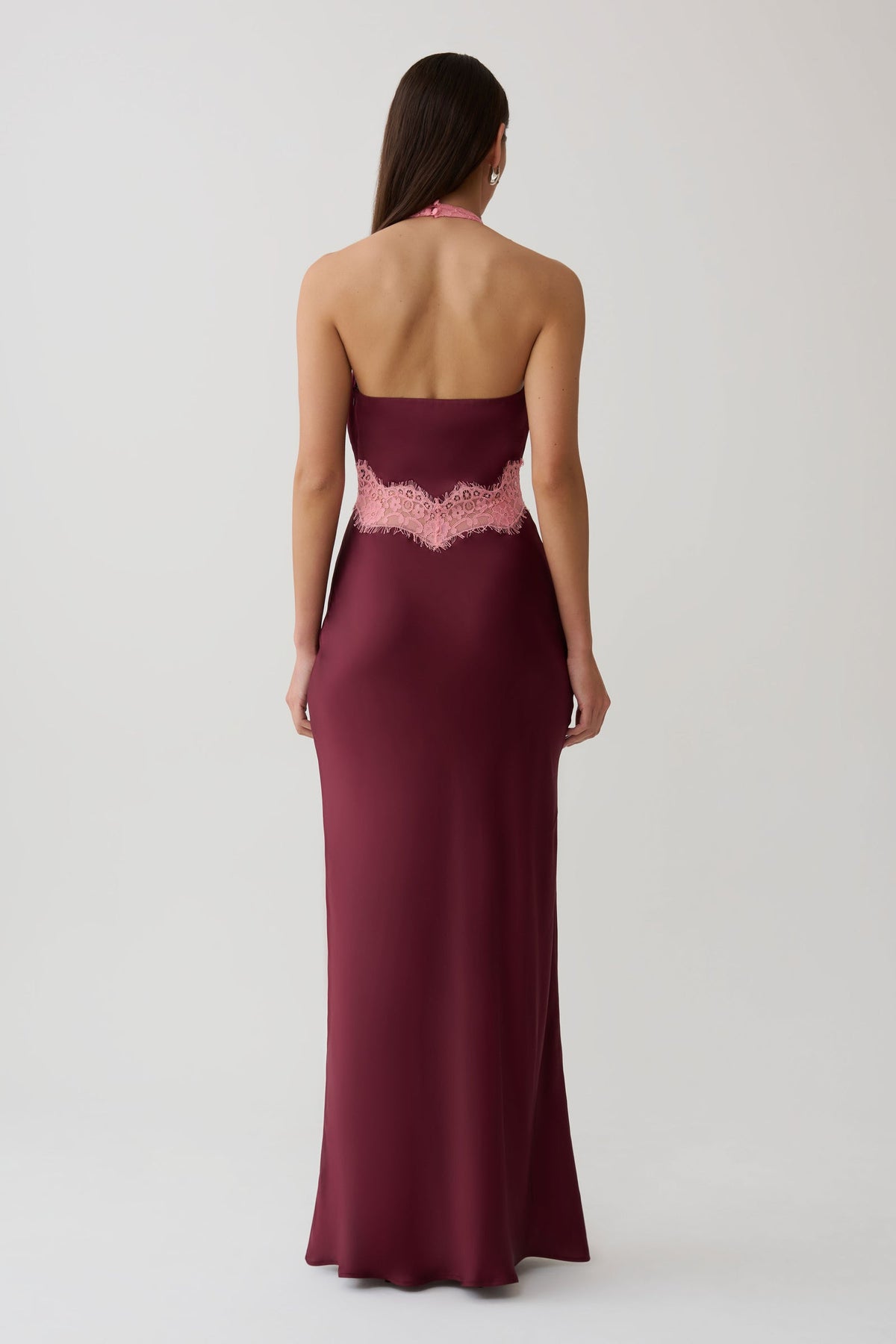 Adele Satin Lace Halter Maxi Dress - Burgundy