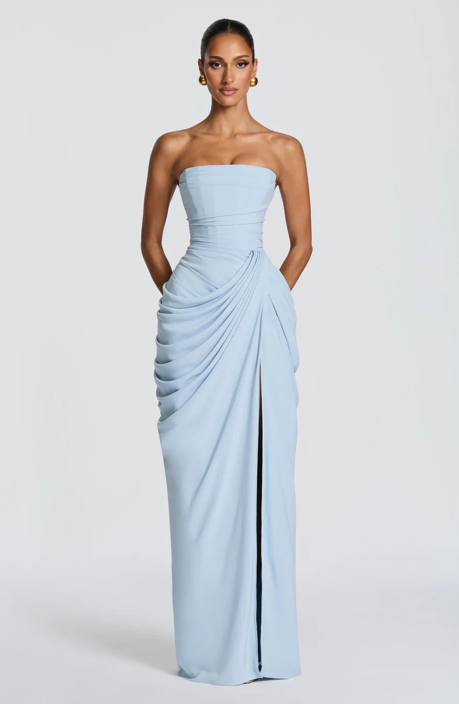 Strapless Draped Corset Maxi Dress