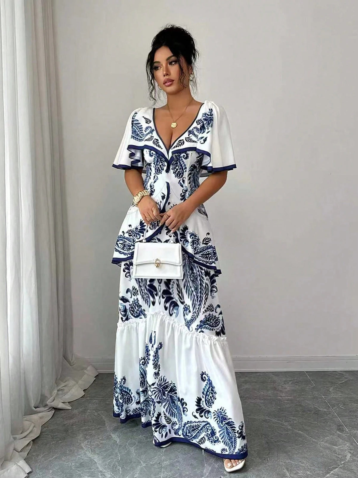Elena Blue Floral Tiered Ruffle Maxi Dress - Blue White