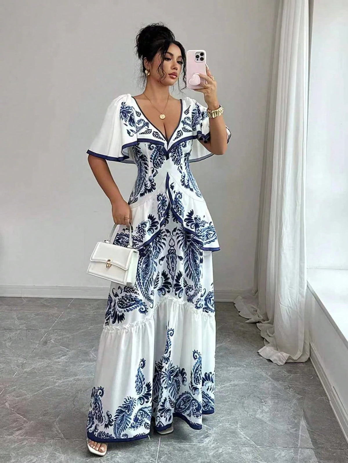 Elena Blue Floral Tiered Ruffle Maxi Dress - Blue White