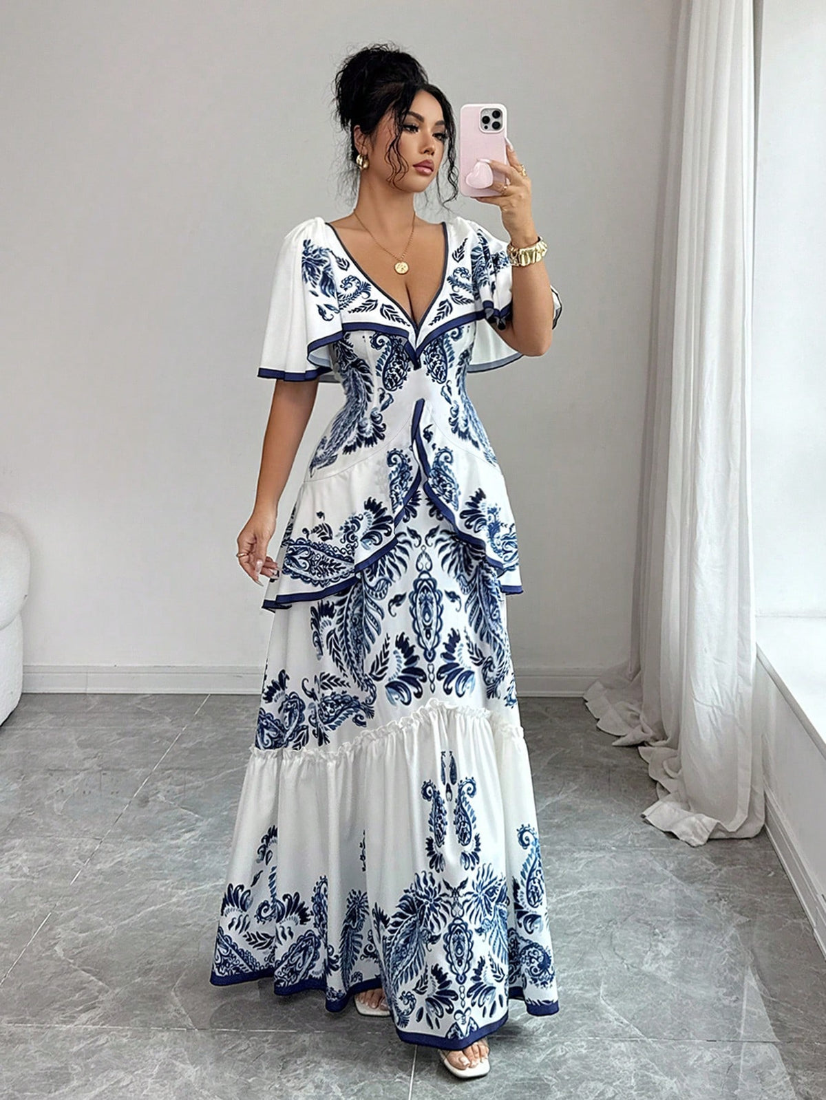 Elena Blue Floral Tiered Ruffle Maxi Dress - Blue White