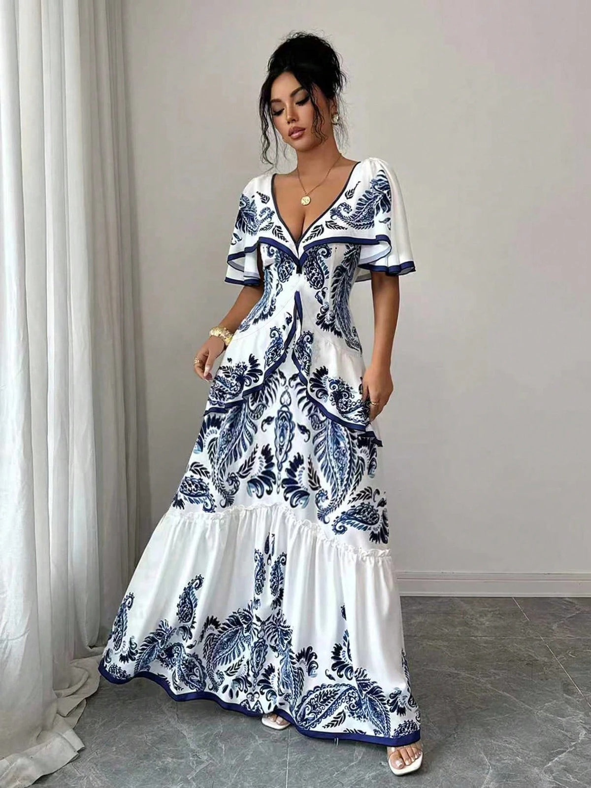 Elena Blue Floral Tiered Ruffle Maxi Dress - Blue White