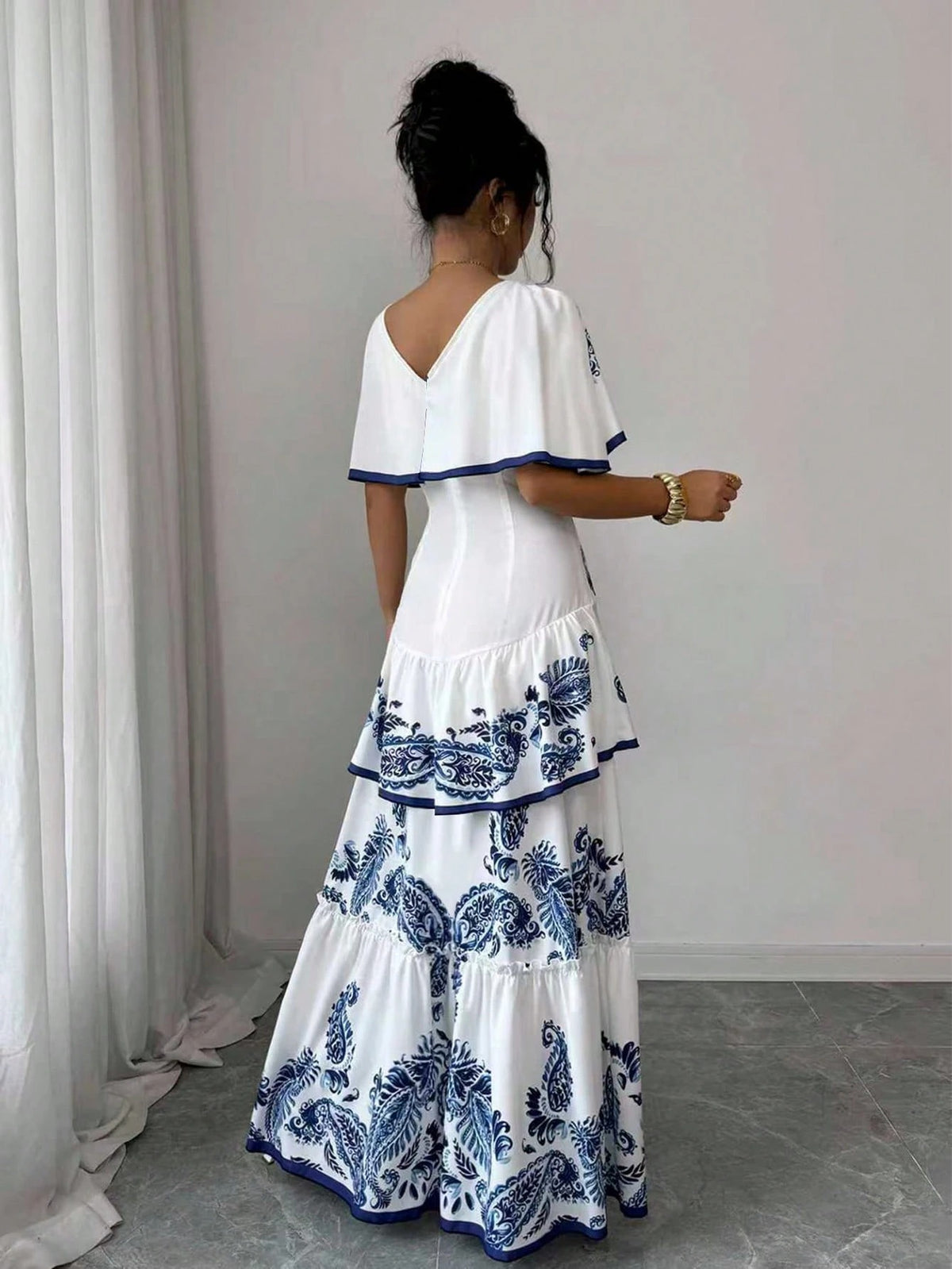 Elena Blue Floral Tiered Ruffle Maxi Dress - Blue White