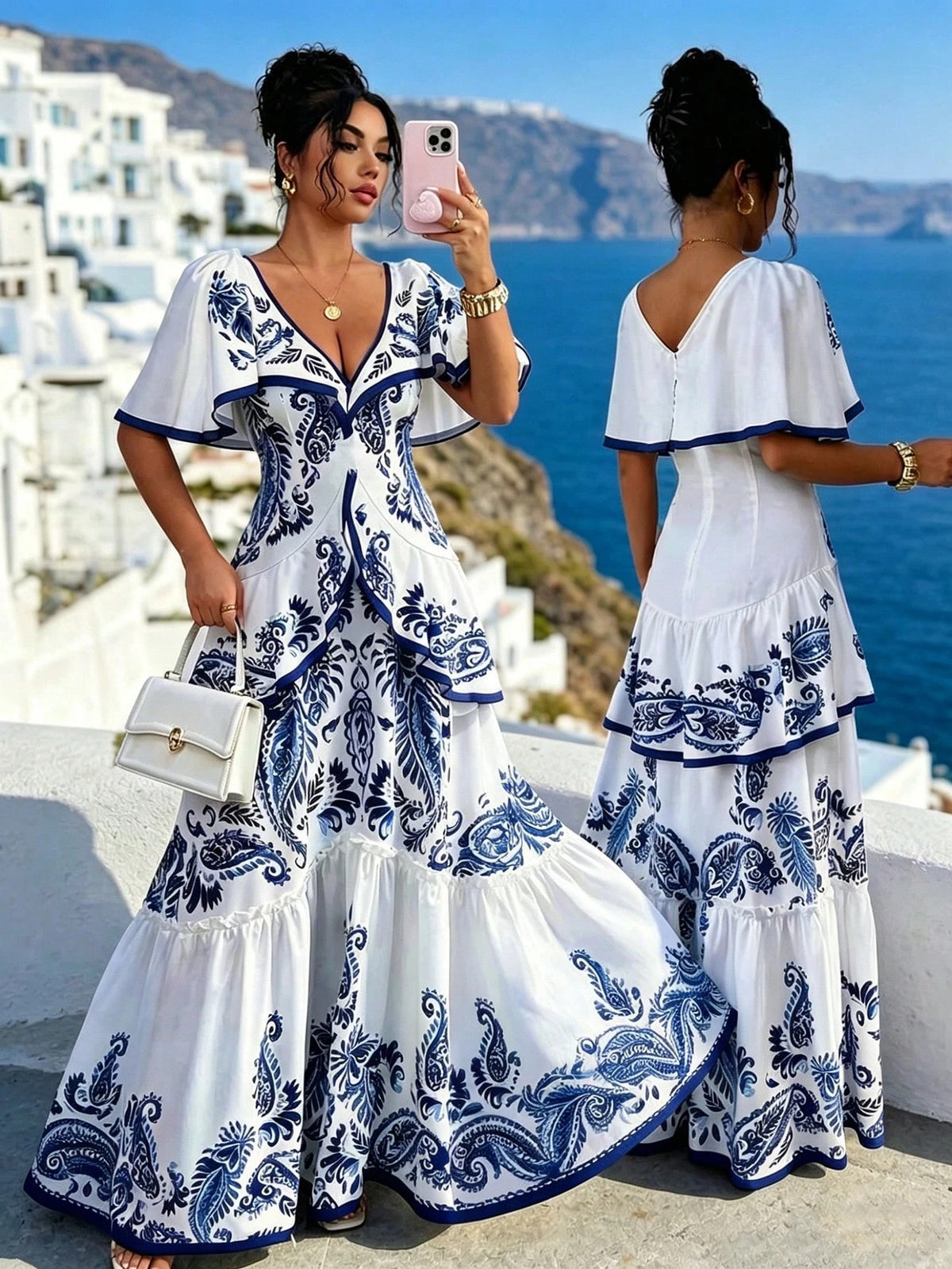 Elena Blue Floral Tiered Ruffle Maxi Dress - Blue White