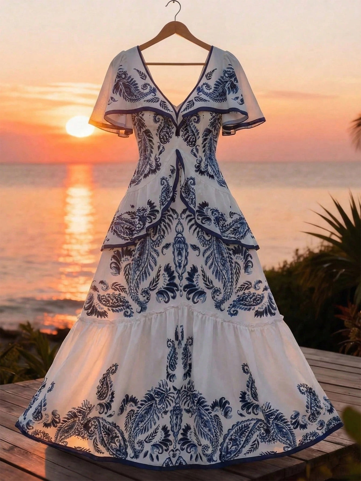 Elena Blue Floral Tiered Ruffle Maxi Dress - Blue White
