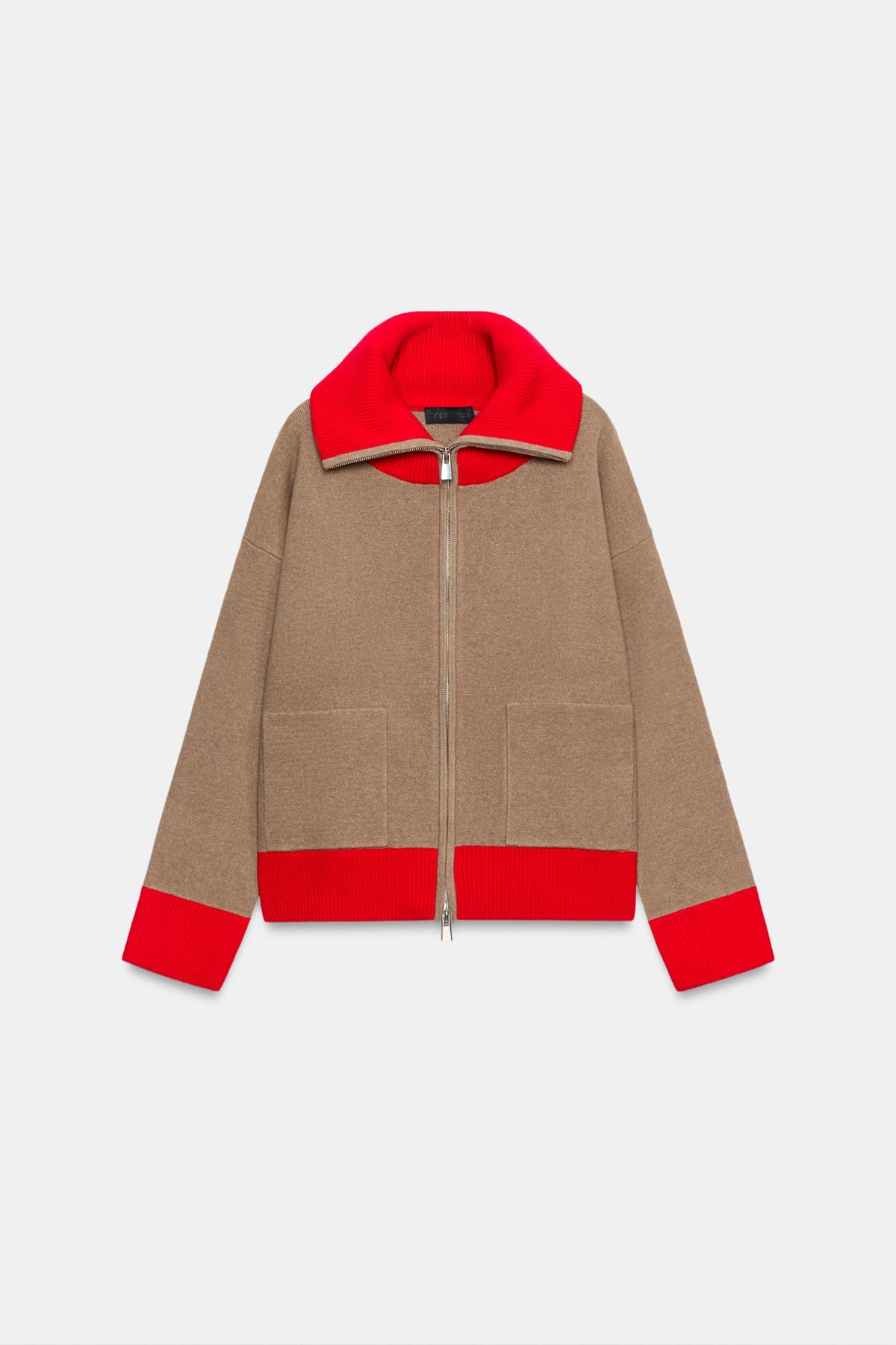 Elodie Contrast Zip Knit Jacket - Camel Red