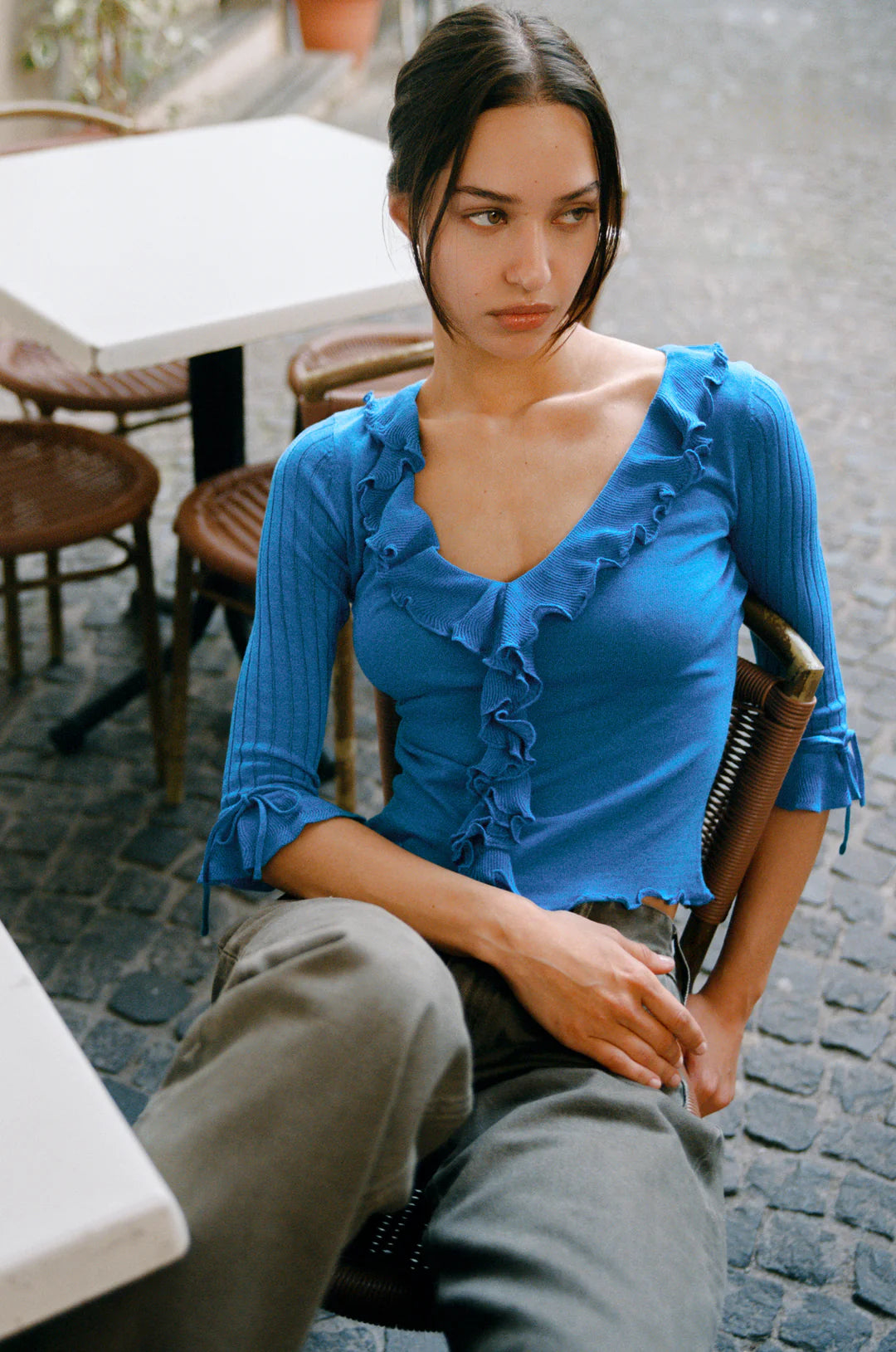 Ruffle Trim Ribbed Knit Top