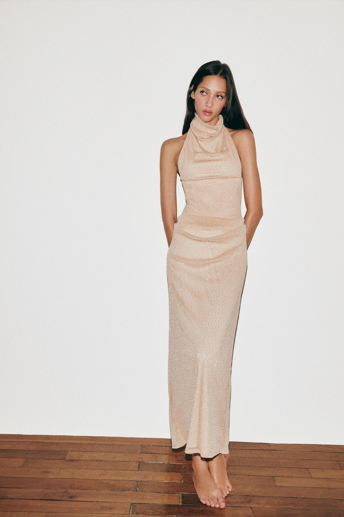 Gisele Halter Rhinestone Corset Midi Dress - Rose Beige