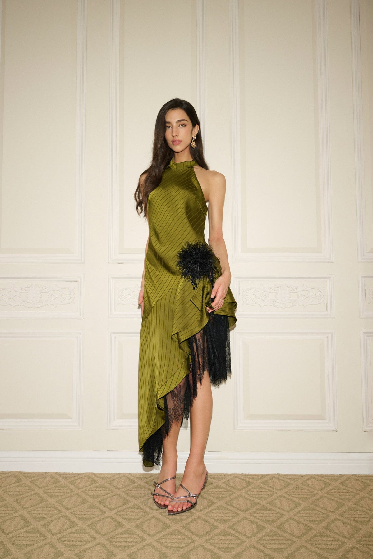 Ines Pinstripe Feather Asymmetric Dress - Olive