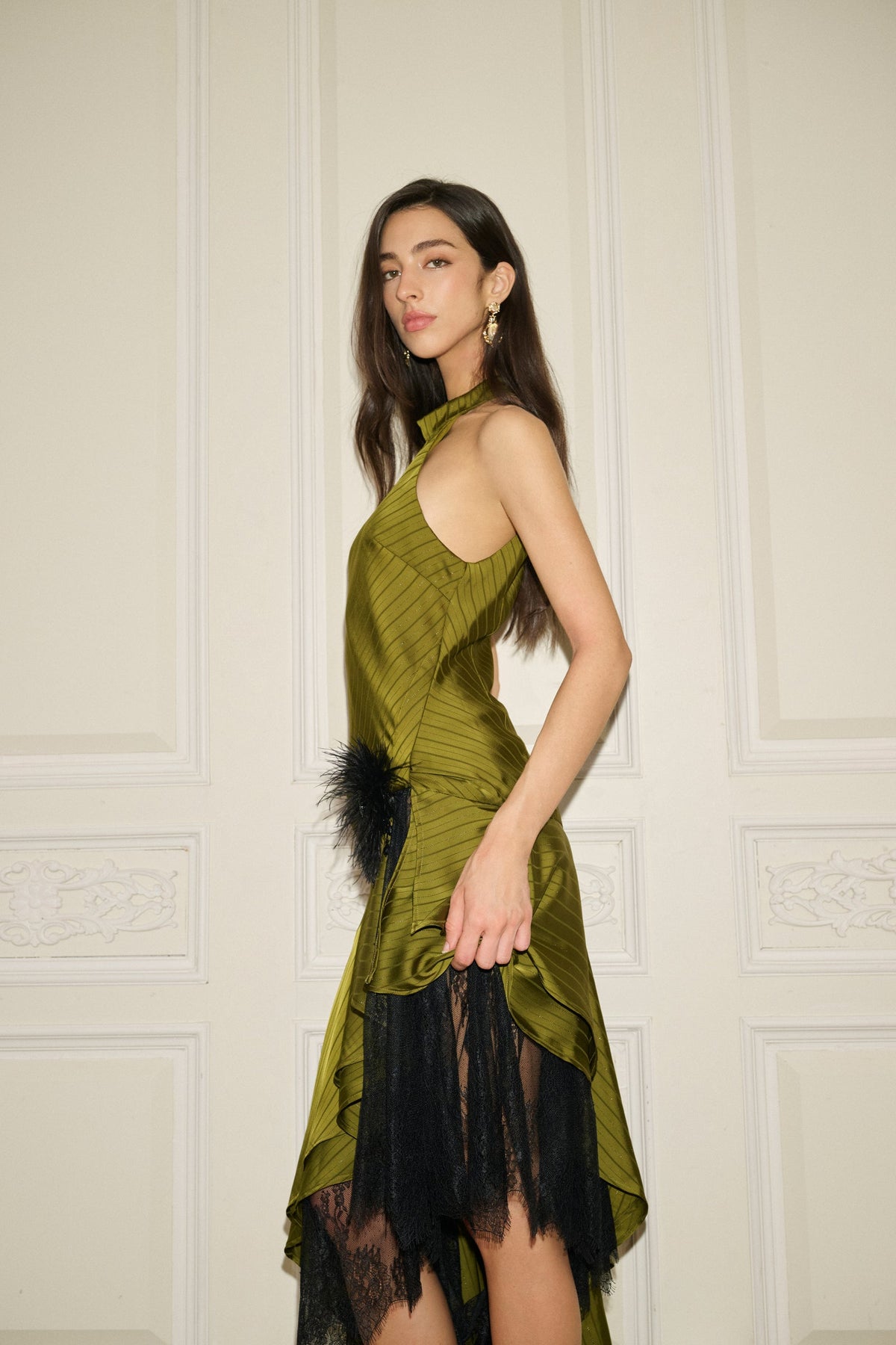 Ines Pinstripe Feather Asymmetric Dress - Olive