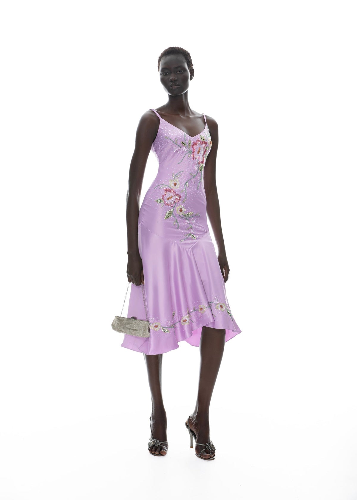 Lila Beaded Floral Satin Midi Dress - Lavender