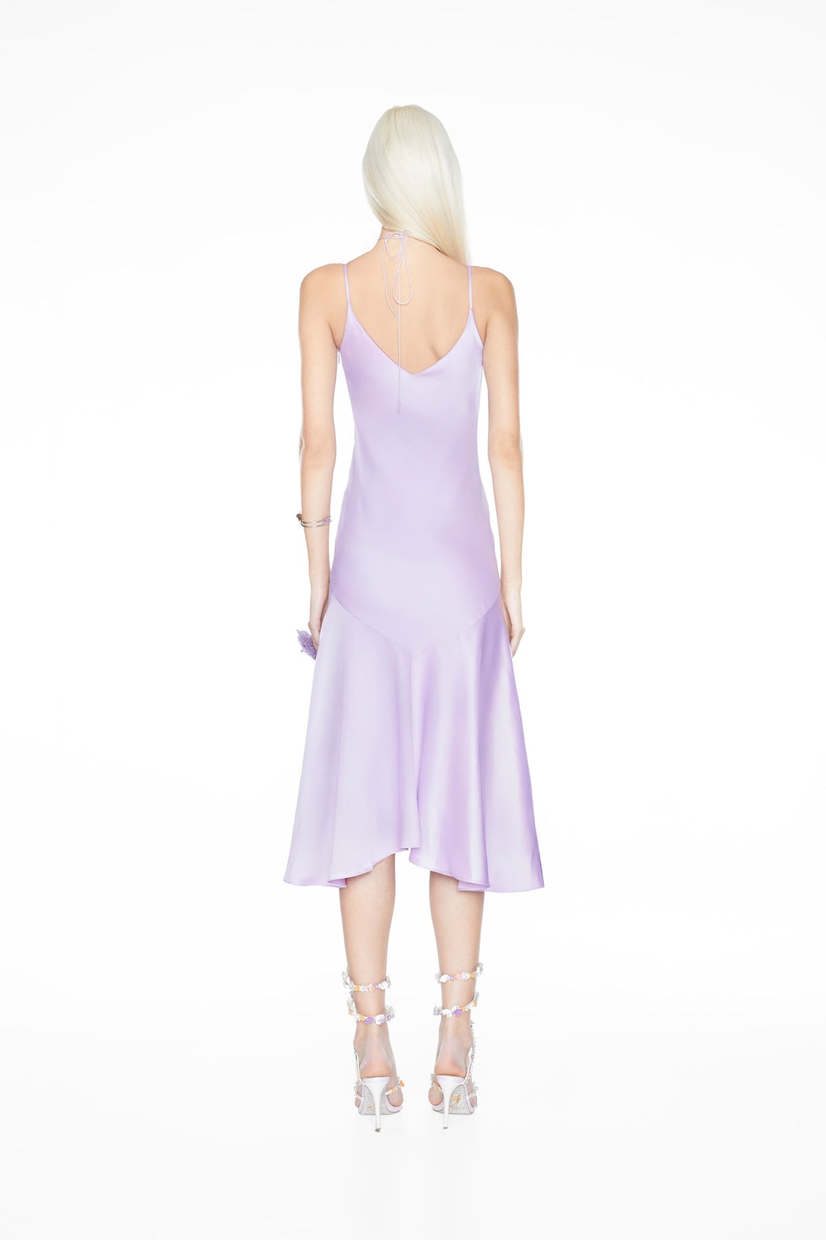 Lila Beaded Floral Satin Midi Dress - Lavender