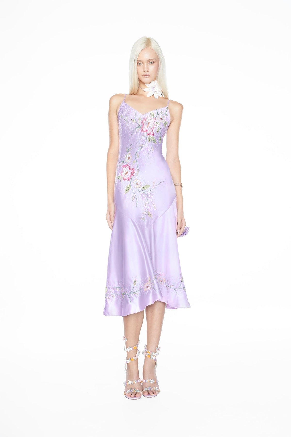 Lila Beaded Floral Satin Midi Dress - Lavender