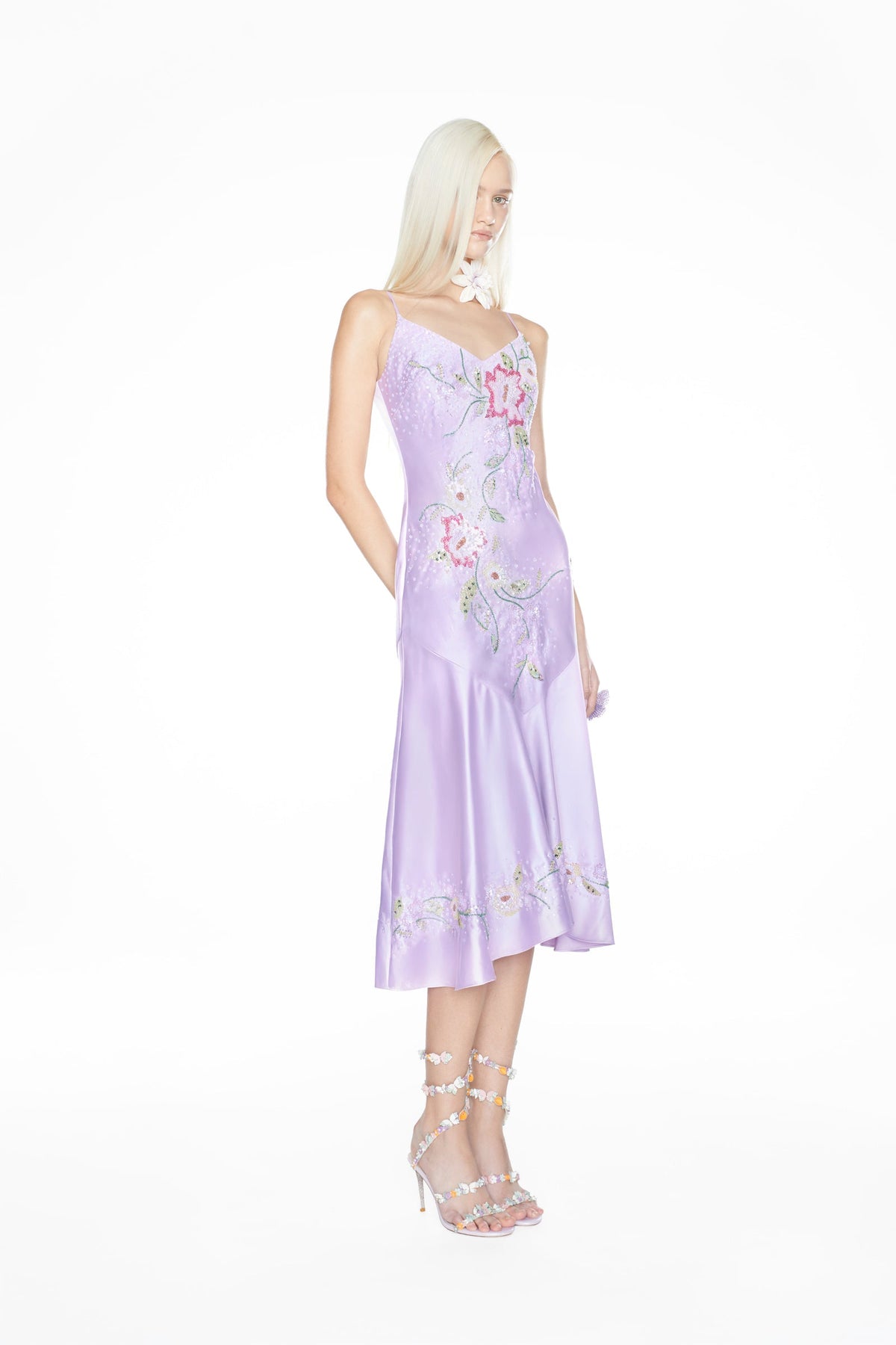 Lila Beaded Floral Satin Midi Dress - Lavender