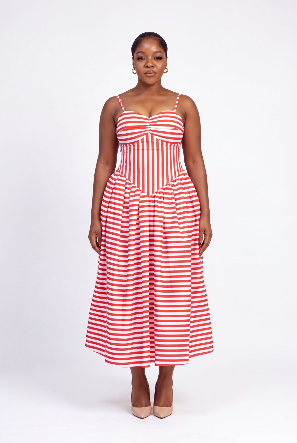 Lucie Striped Corset Midi Dress - Red White Stripe