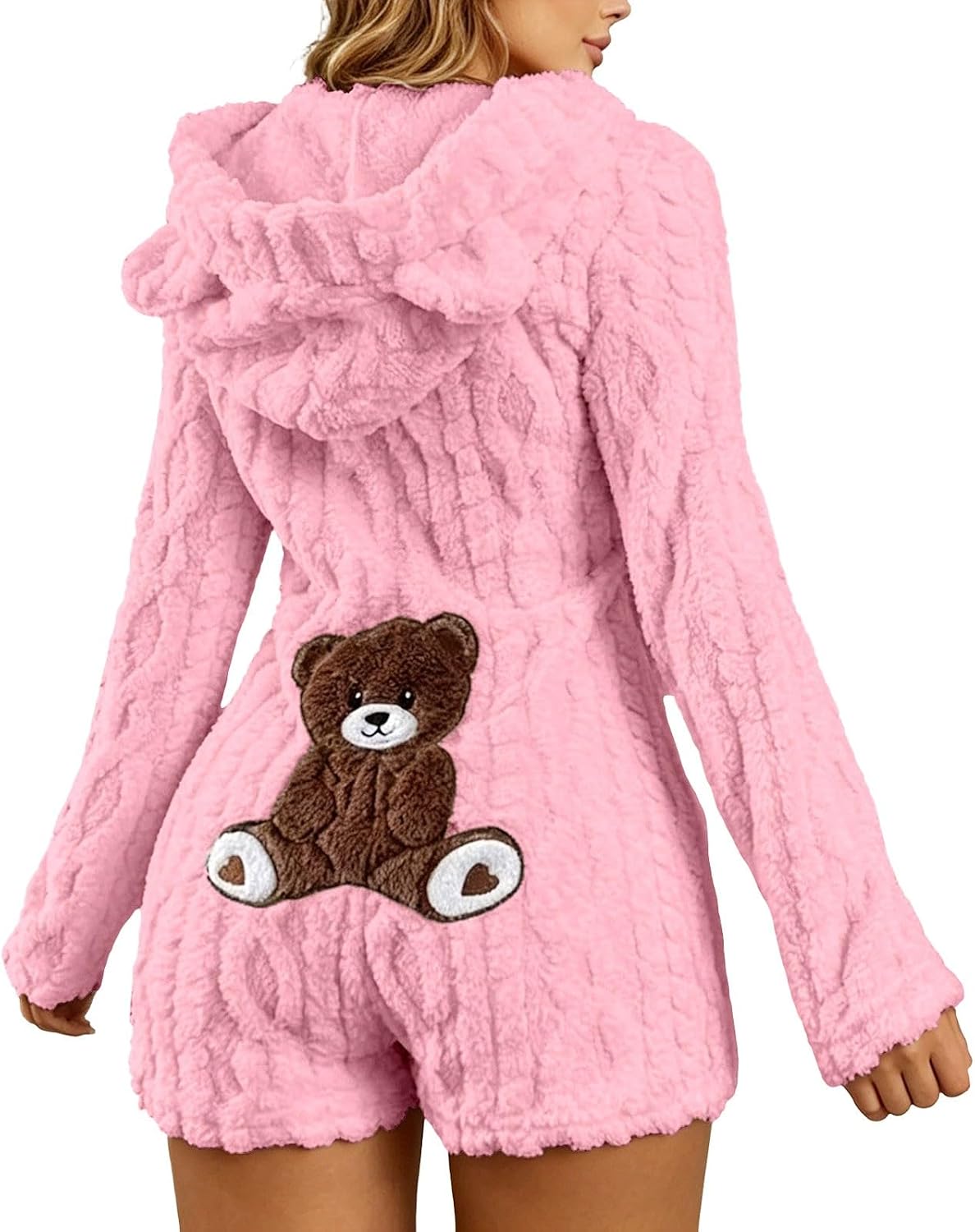 Nora Teddy Fleece Hooded Romper - Blush