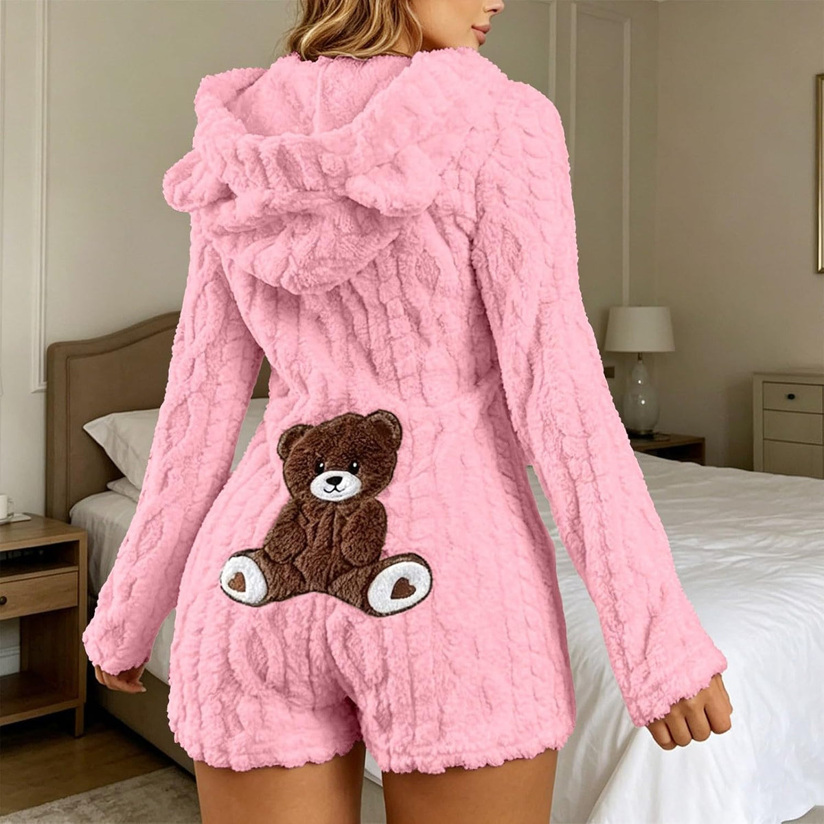 Nora Teddy Fleece Hooded Romper - Blush