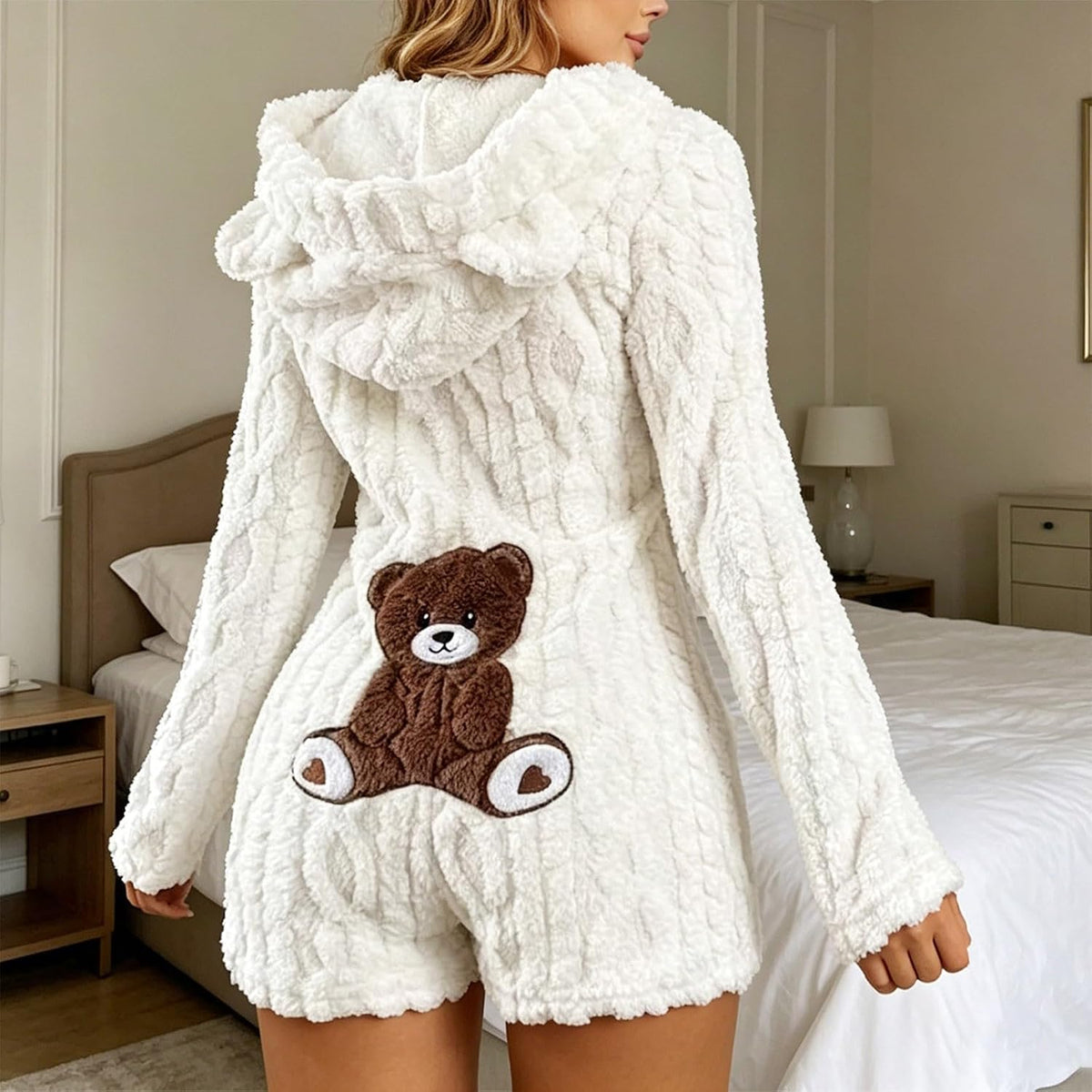 Nora Teddy Fleece Hooded Romper - Ivory