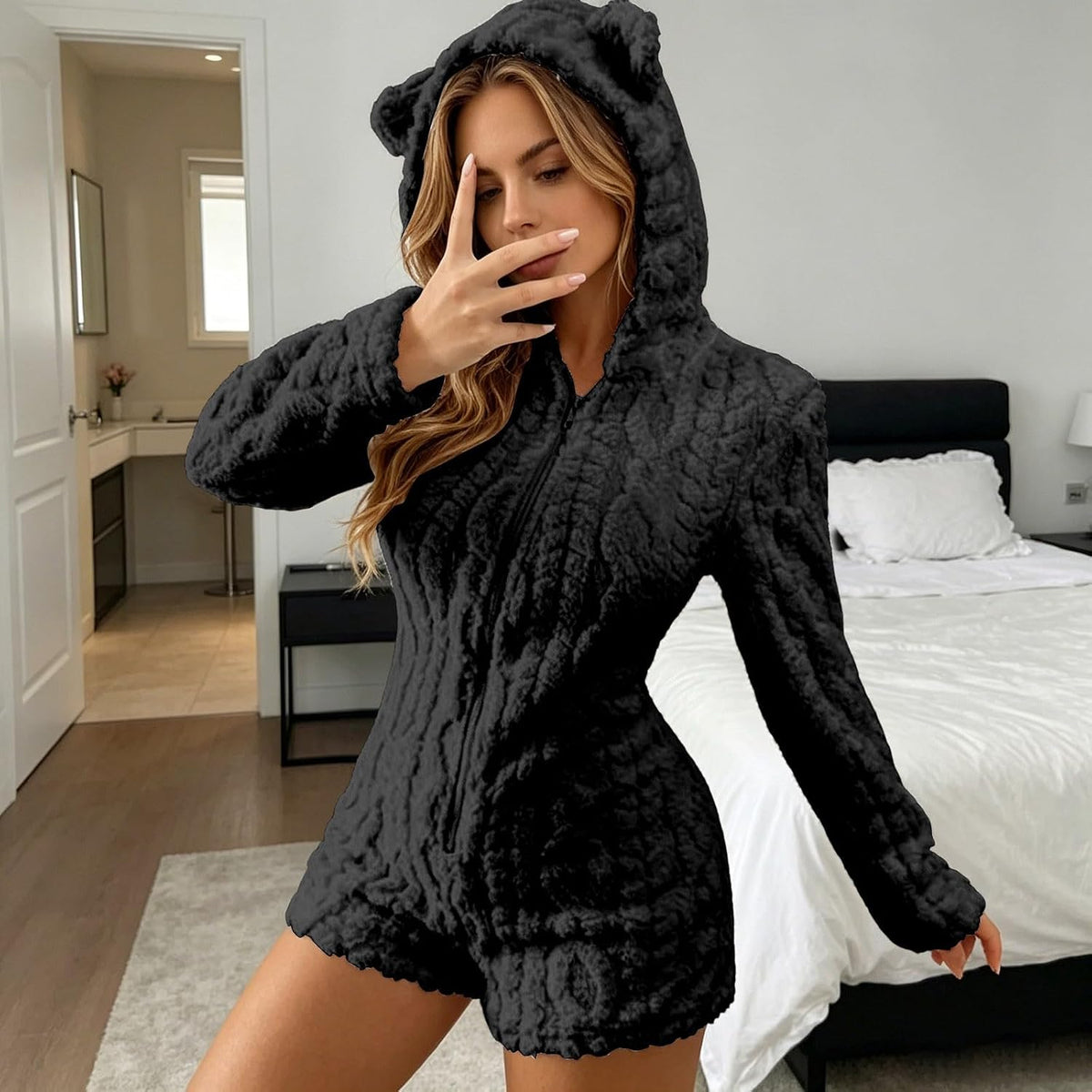 Nora Teddy Fleece Hooded Romper - Black