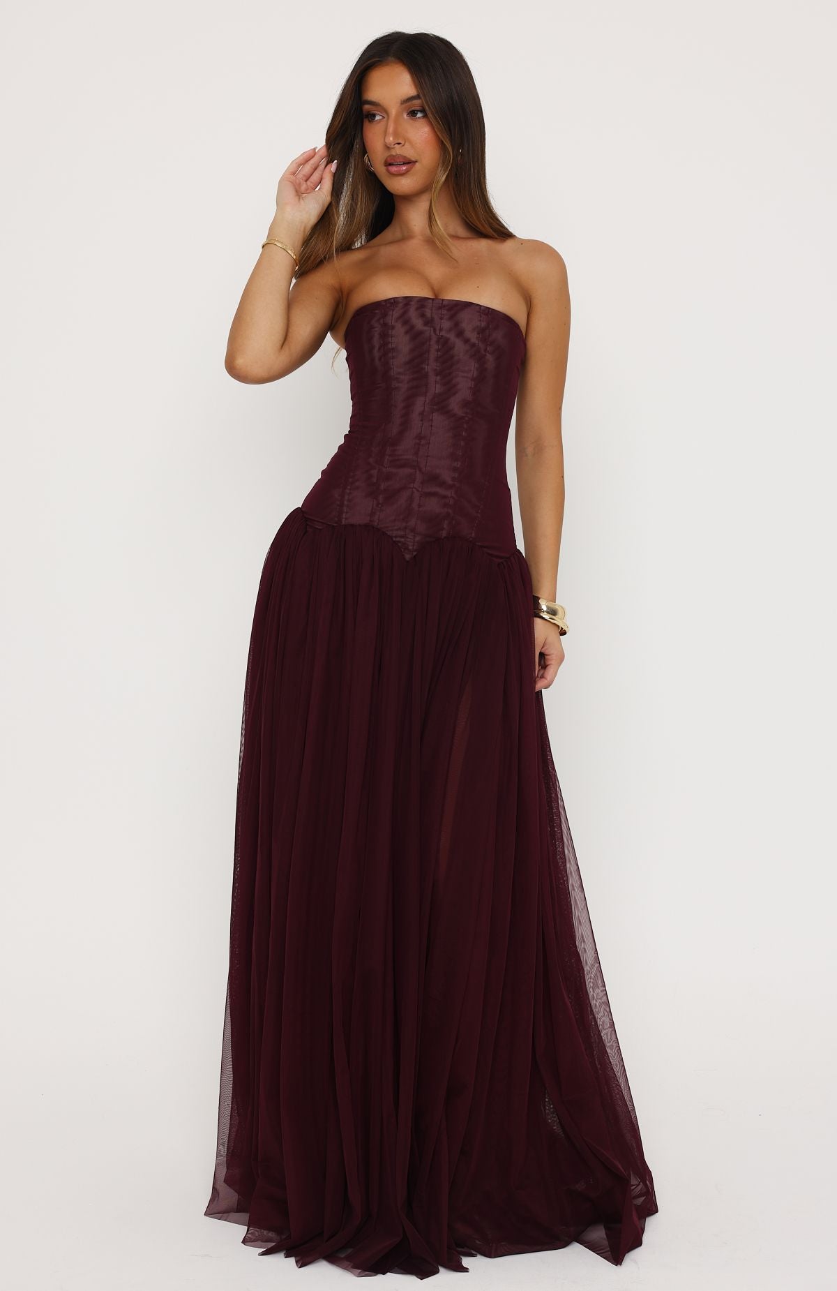 Odette Tulle Corset Maxi Dress - Burgundy