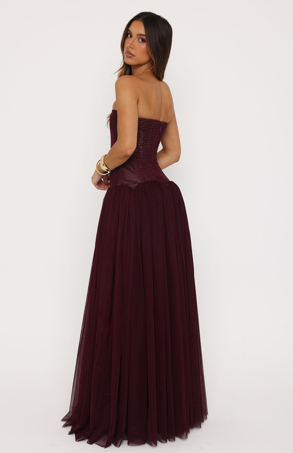 Odette Tulle Corset Maxi Dress - Burgundy