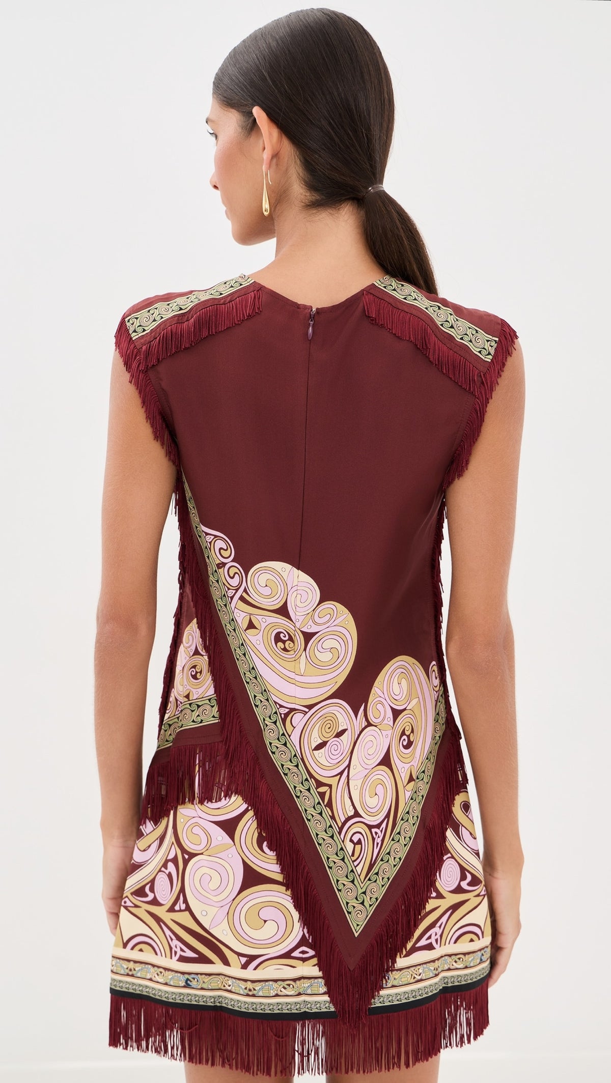 Paloma Scarf Print Fringe Top & Skirt Set - Burgundy