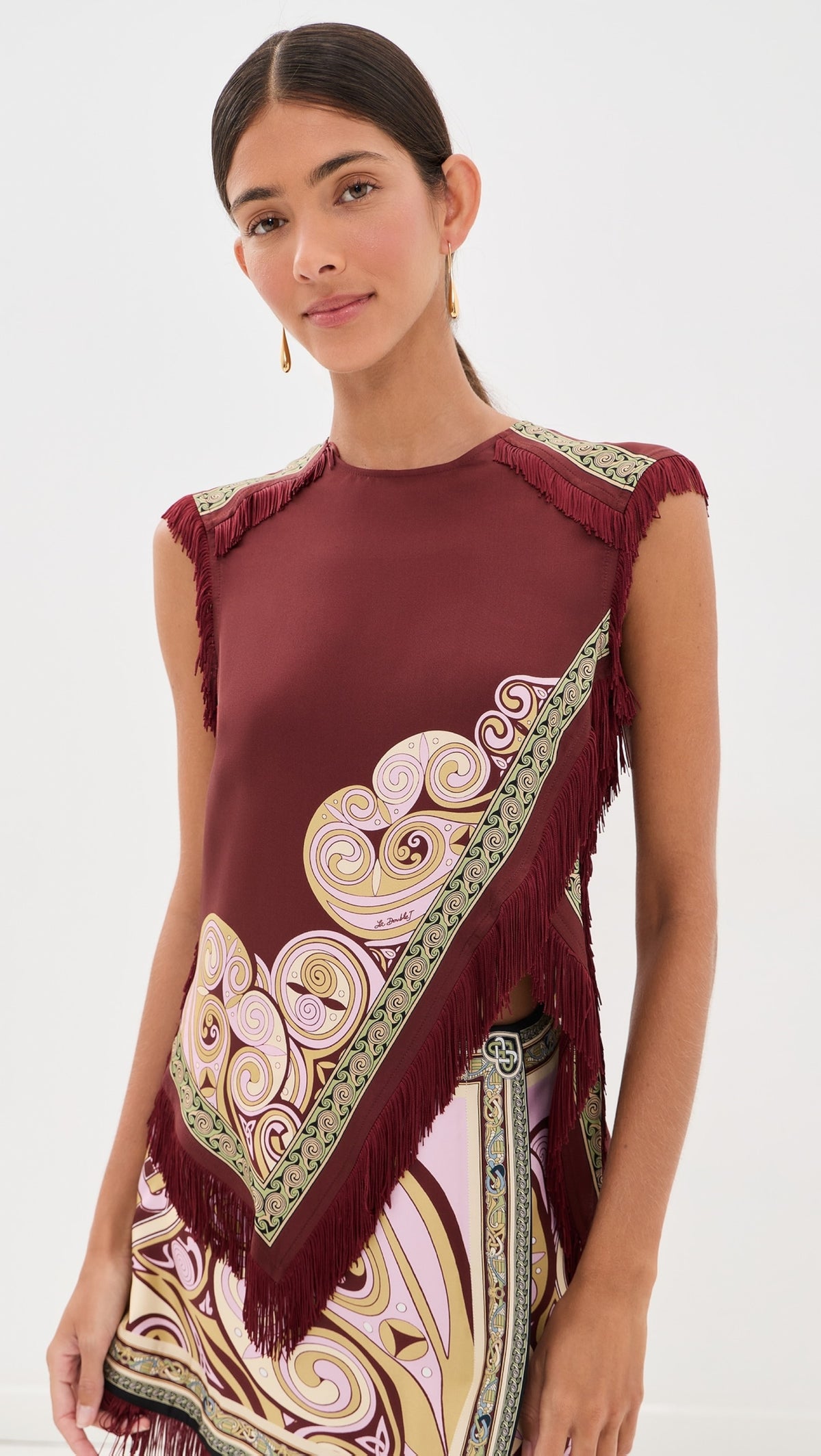 Paloma Scarf Print Fringe Top & Skirt Set - Burgundy