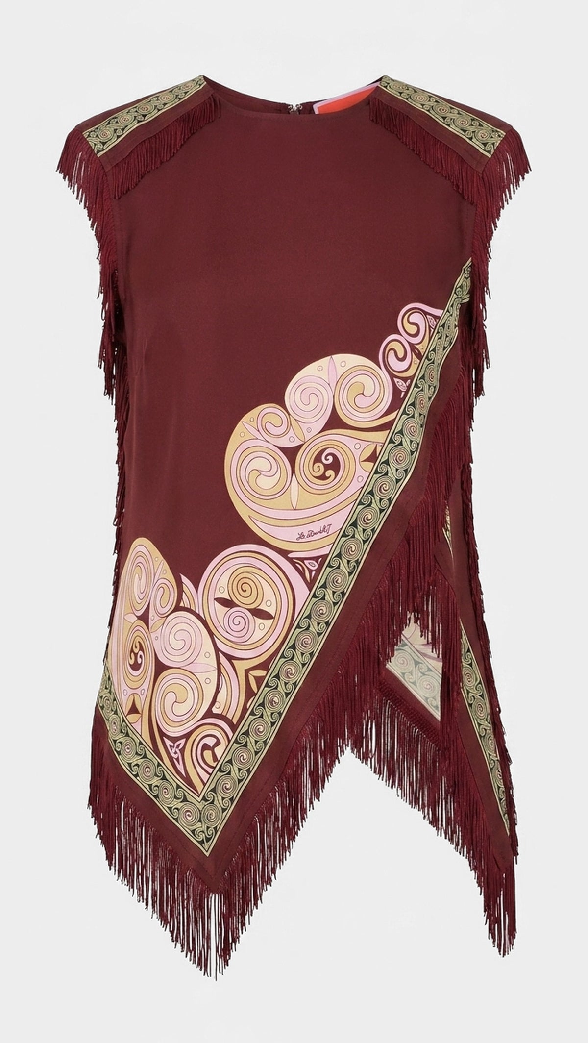 Paloma Scarf Print Fringe Top & Skirt Set - Burgundy