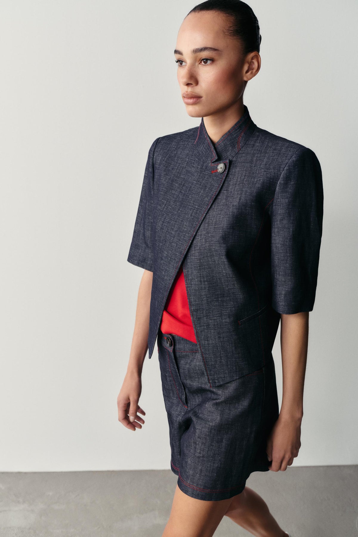 Selena Linen Blend Cropped Jacket - Indigo