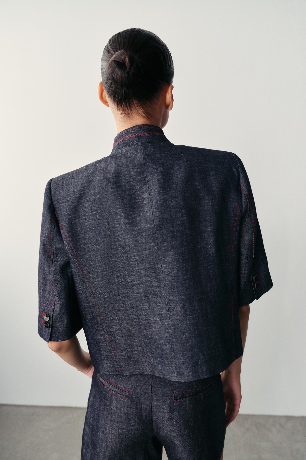 Selena Linen Blend Cropped Jacket - Indigo