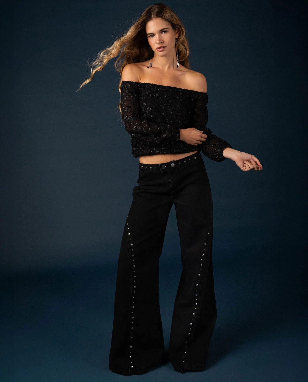Stella Studded Wide Leg Jeans - Black