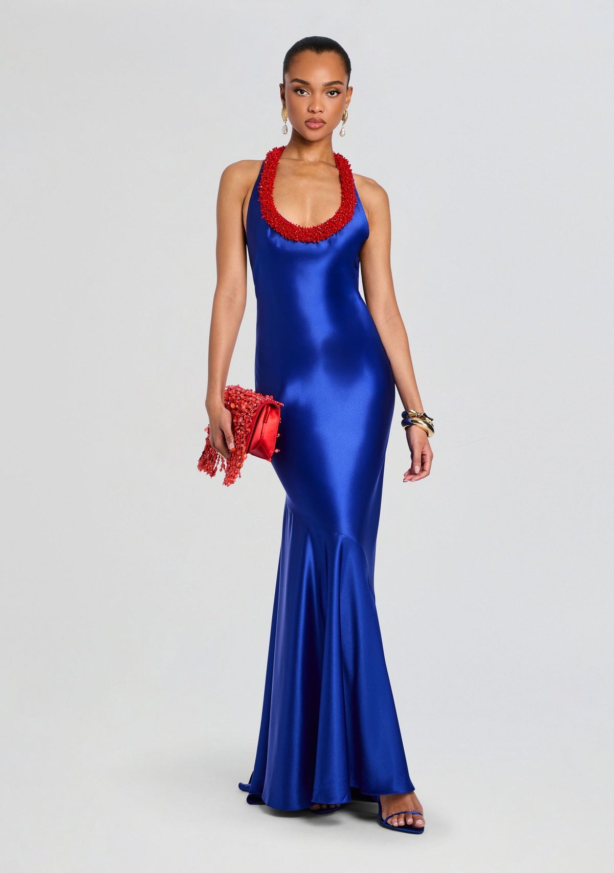 Thalia Beaded Satin Halter Maxi Dress - Cobalt Blue