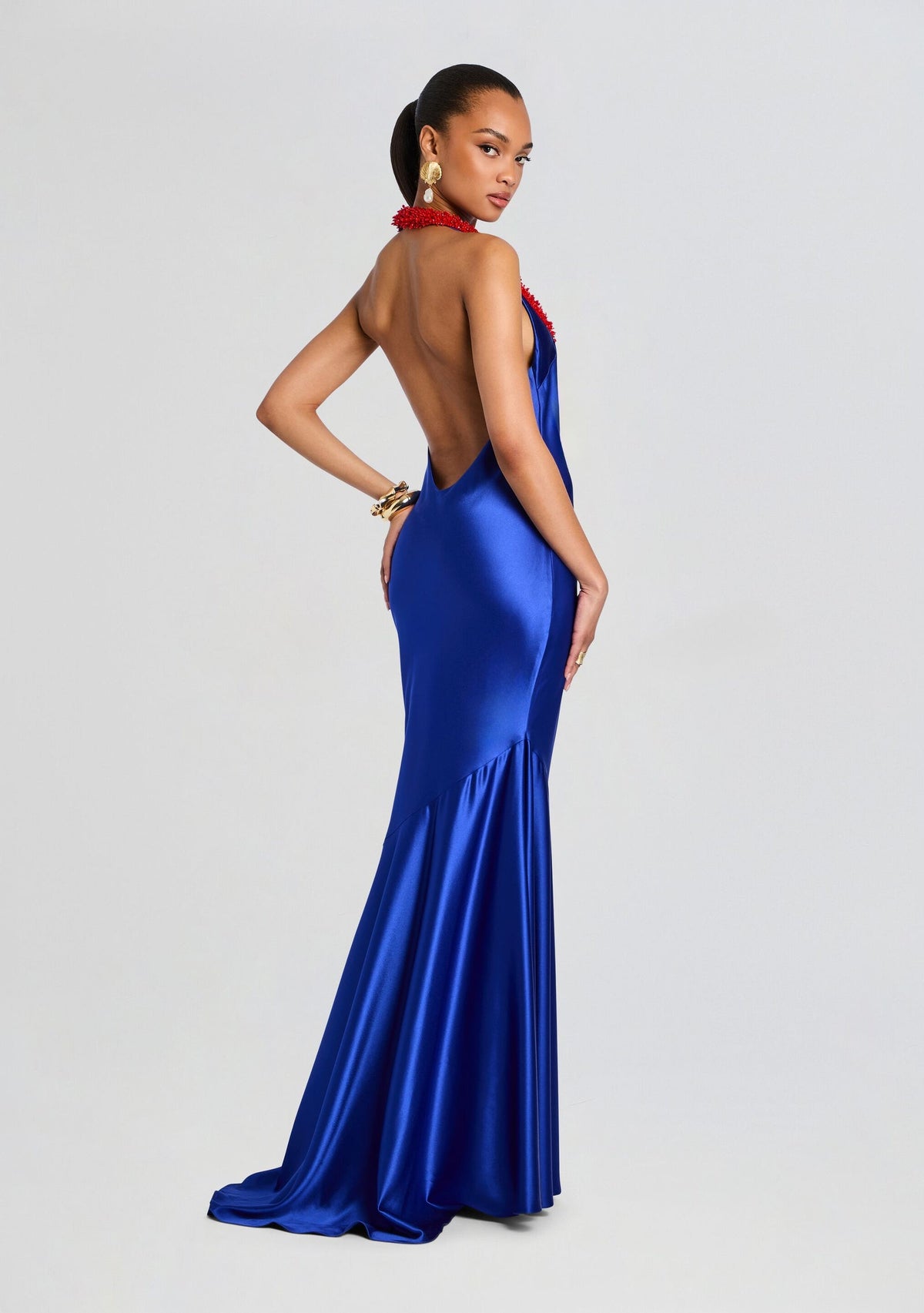 Thalia Beaded Satin Halter Maxi Dress - Cobalt Blue