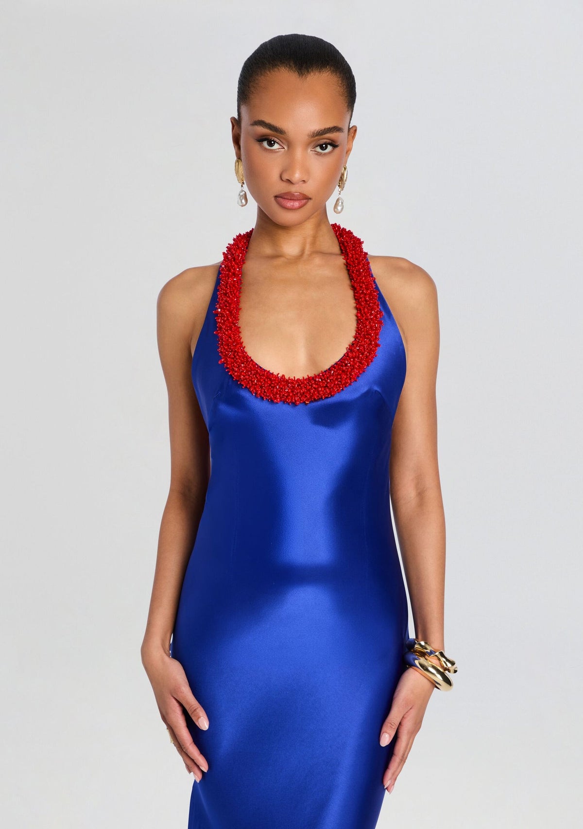Thalia Beaded Satin Halter Maxi Dress - Cobalt Blue