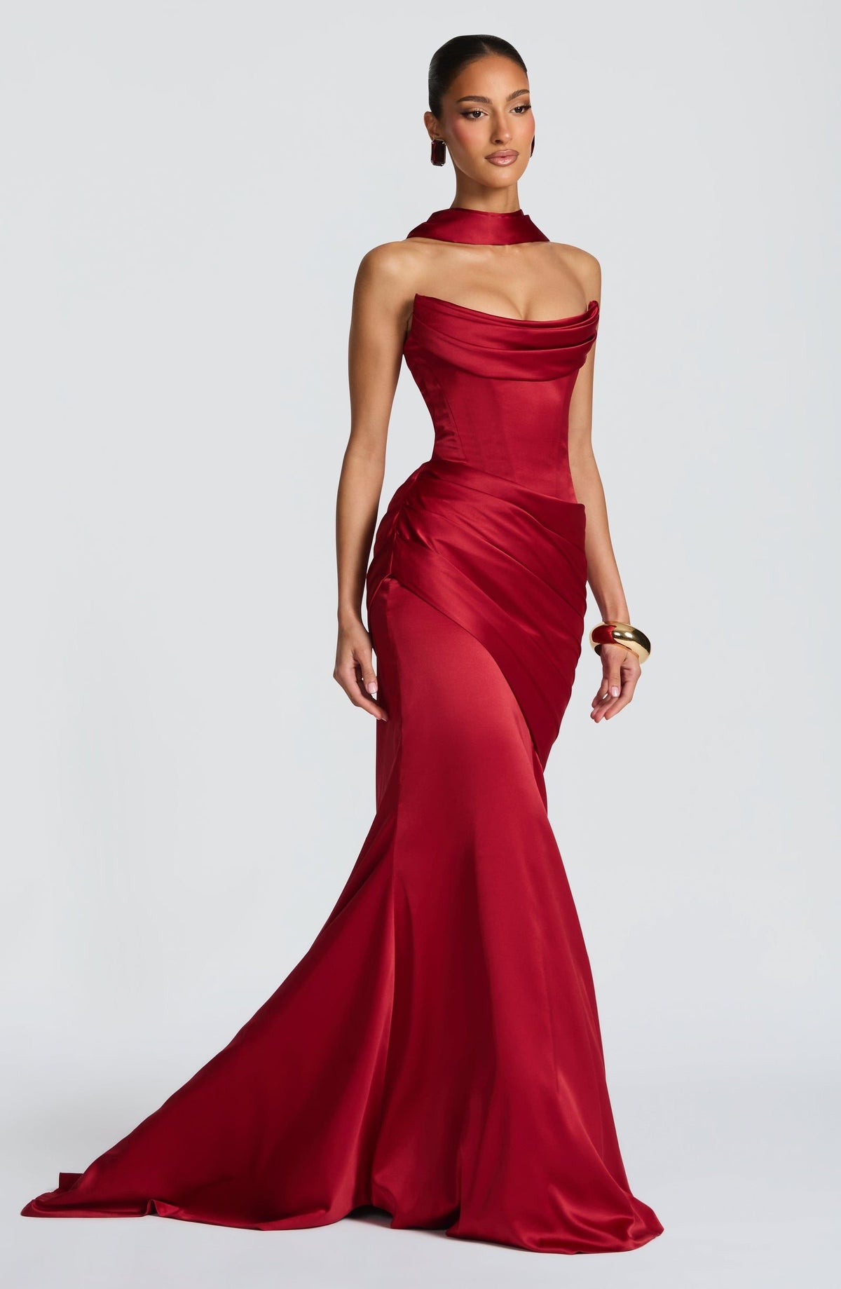 Valentina Satin Corset Maxi Dress - Deep Red - 2