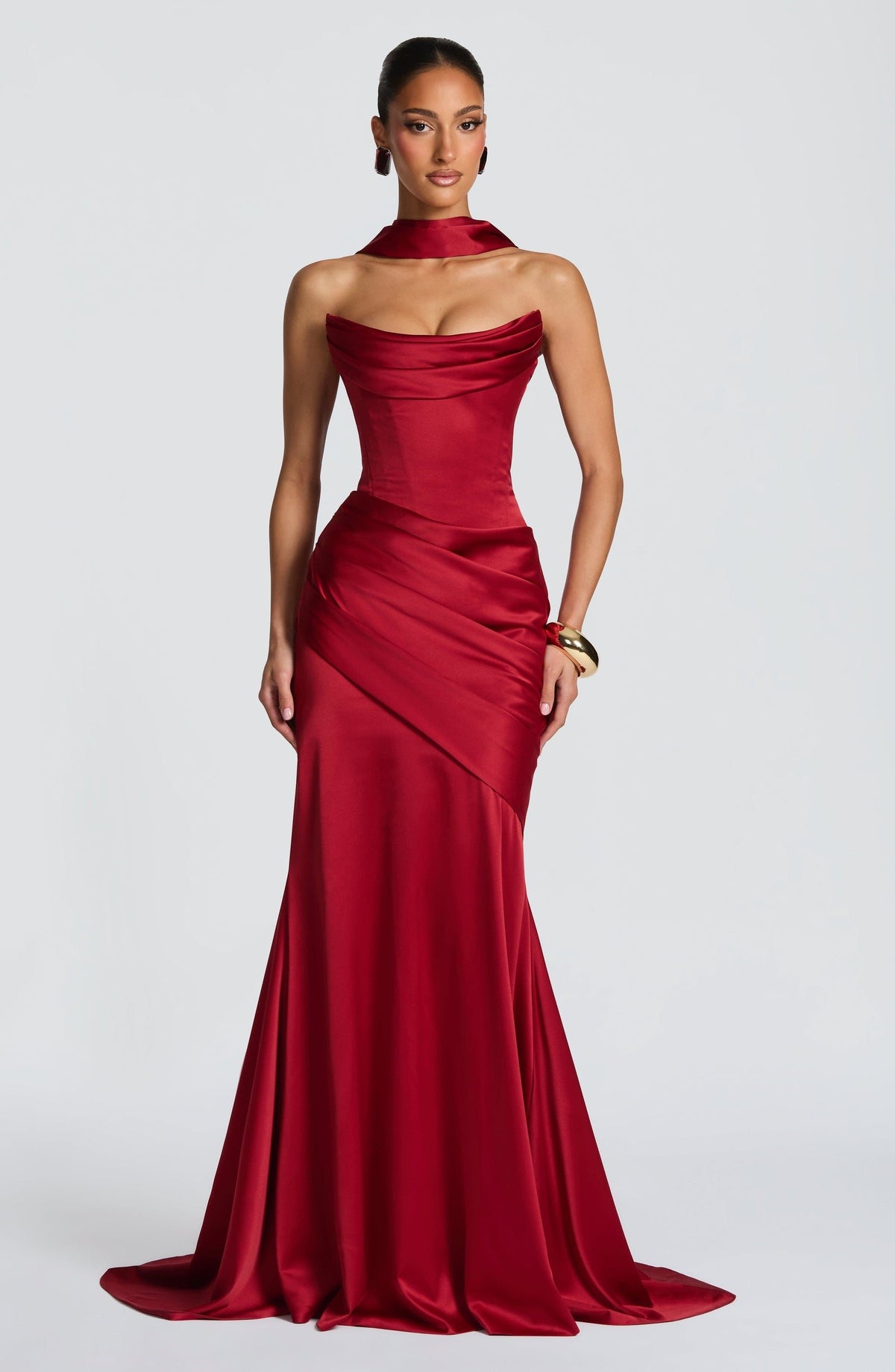 Valentina Satin Corset Maxi Dress - Deep Red - 5