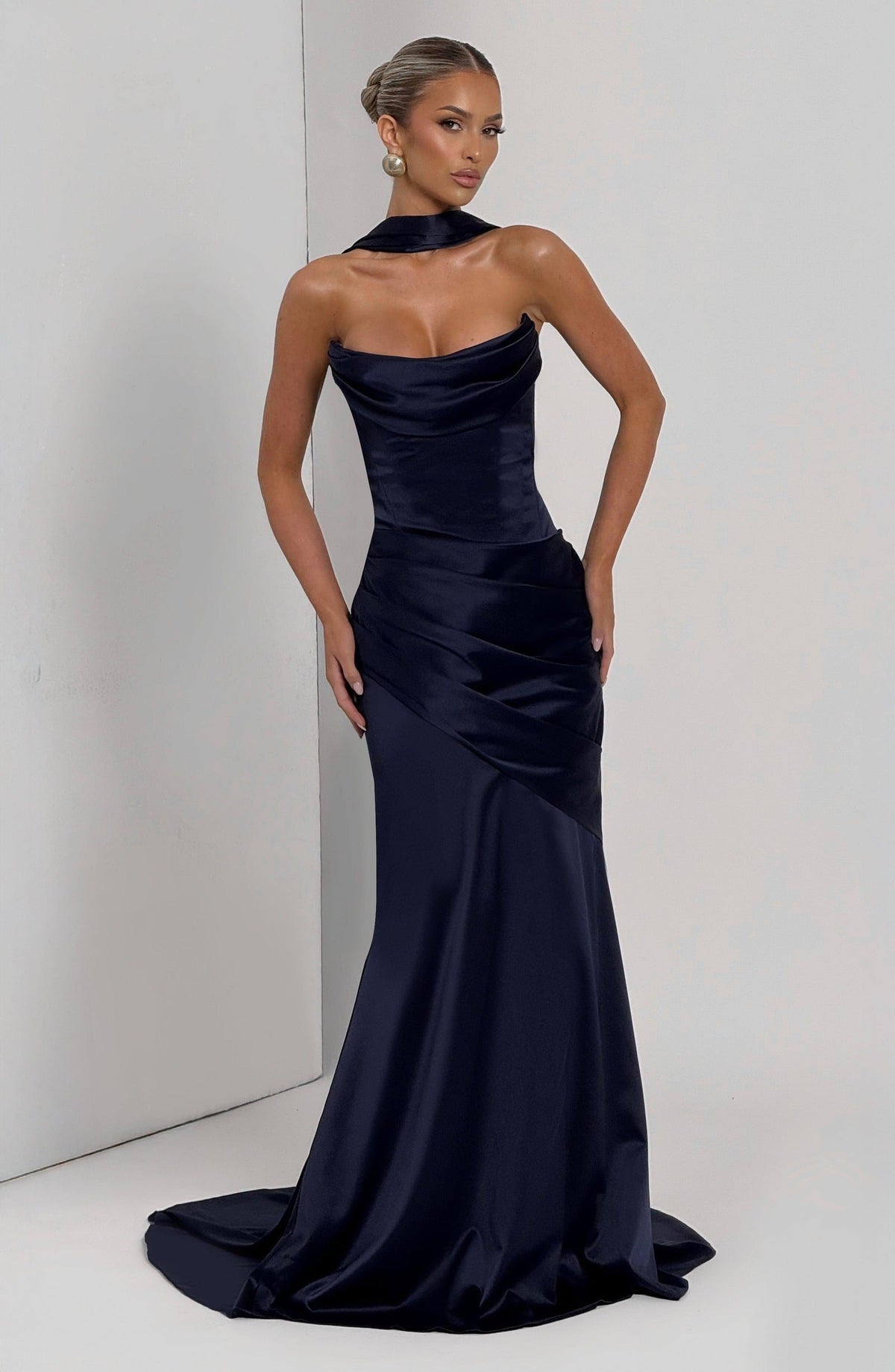 Valentina Satin Corset Maxi Dress - Navy - 9