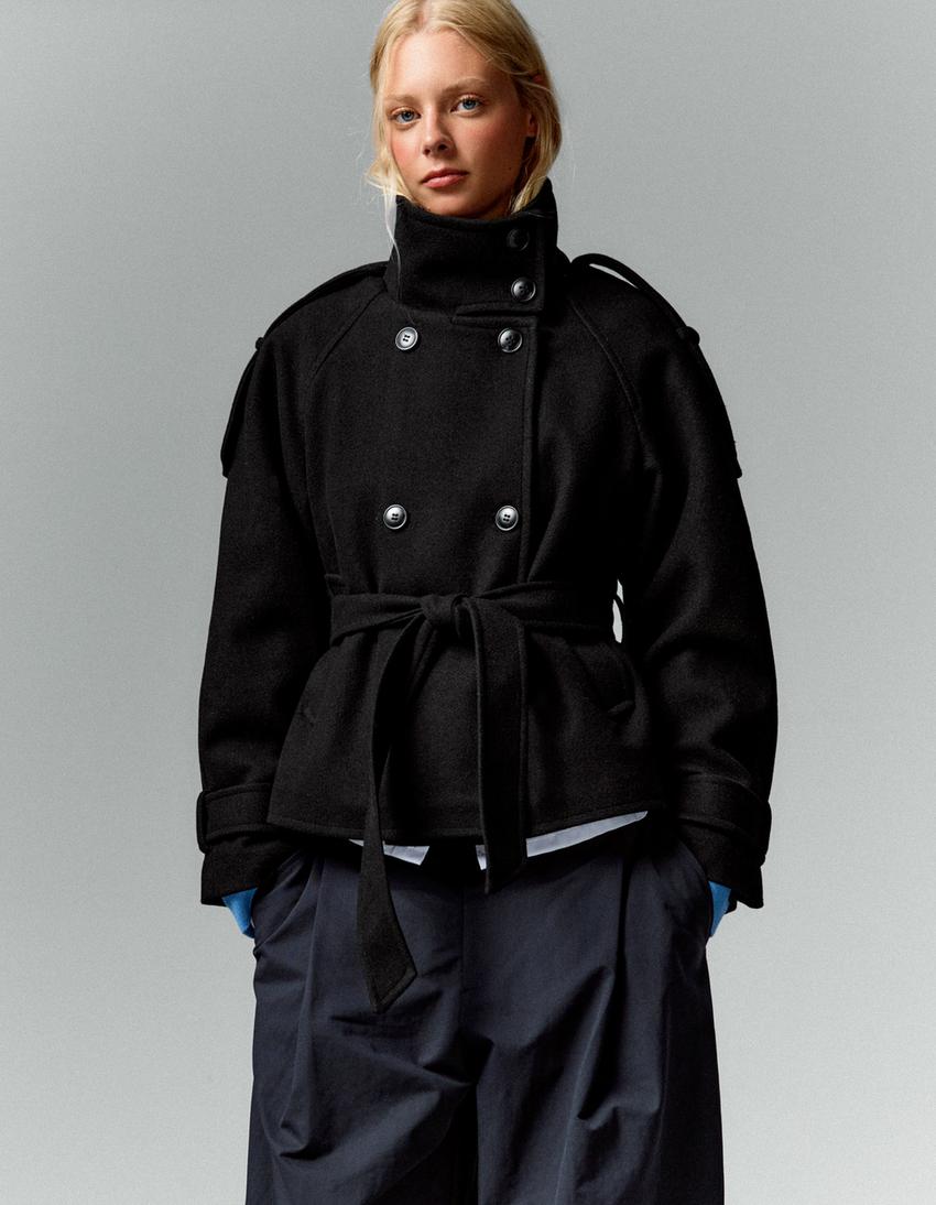 Cropped Wool Trench Jacket