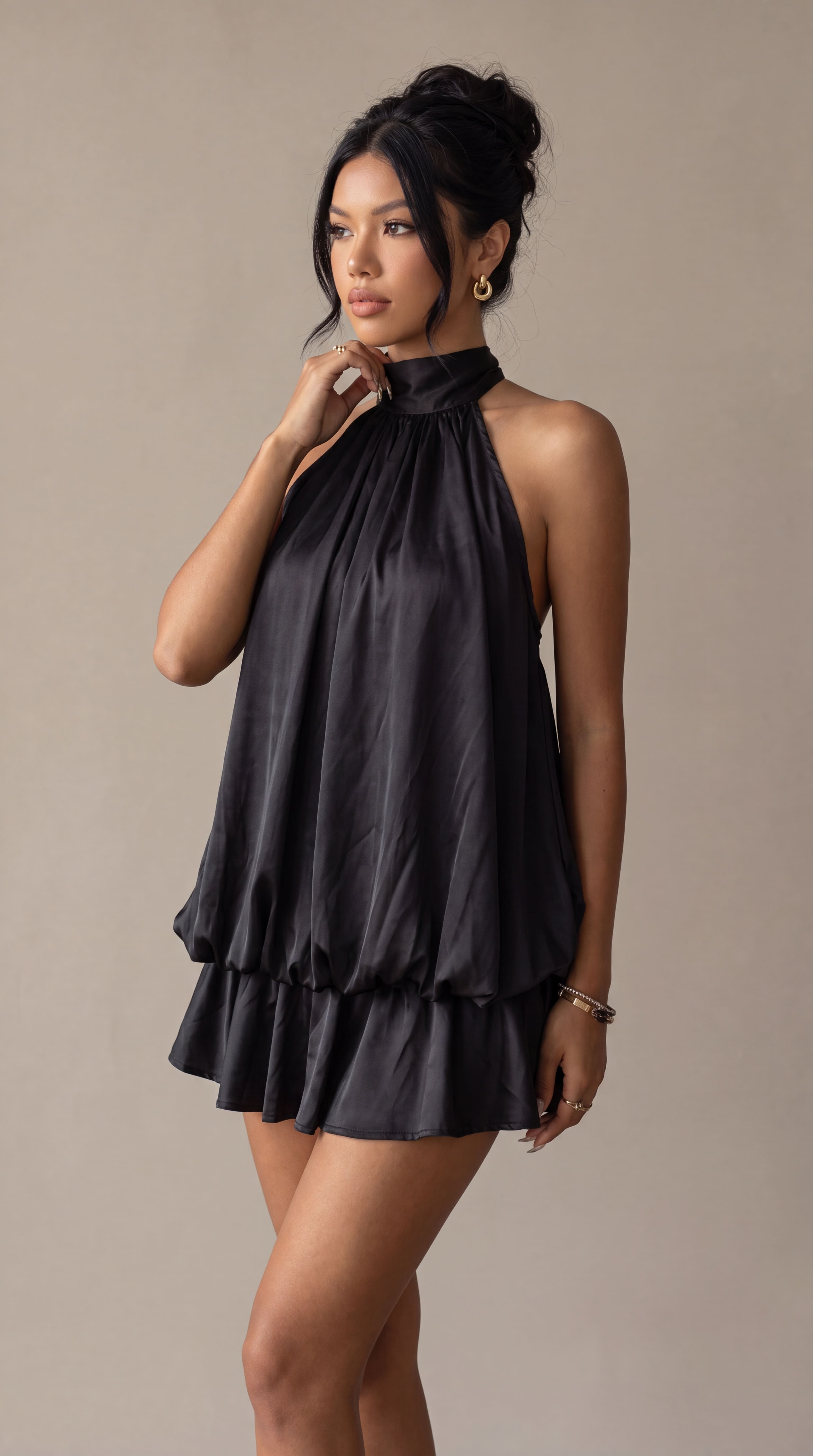 Satin Halter Bubble Mini Dress